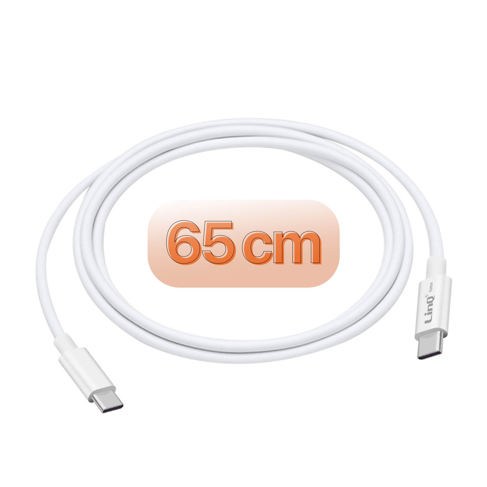 Un cavo USB-C bianco. Un rettangolo arancione con il testo "65 cm" è al centro.