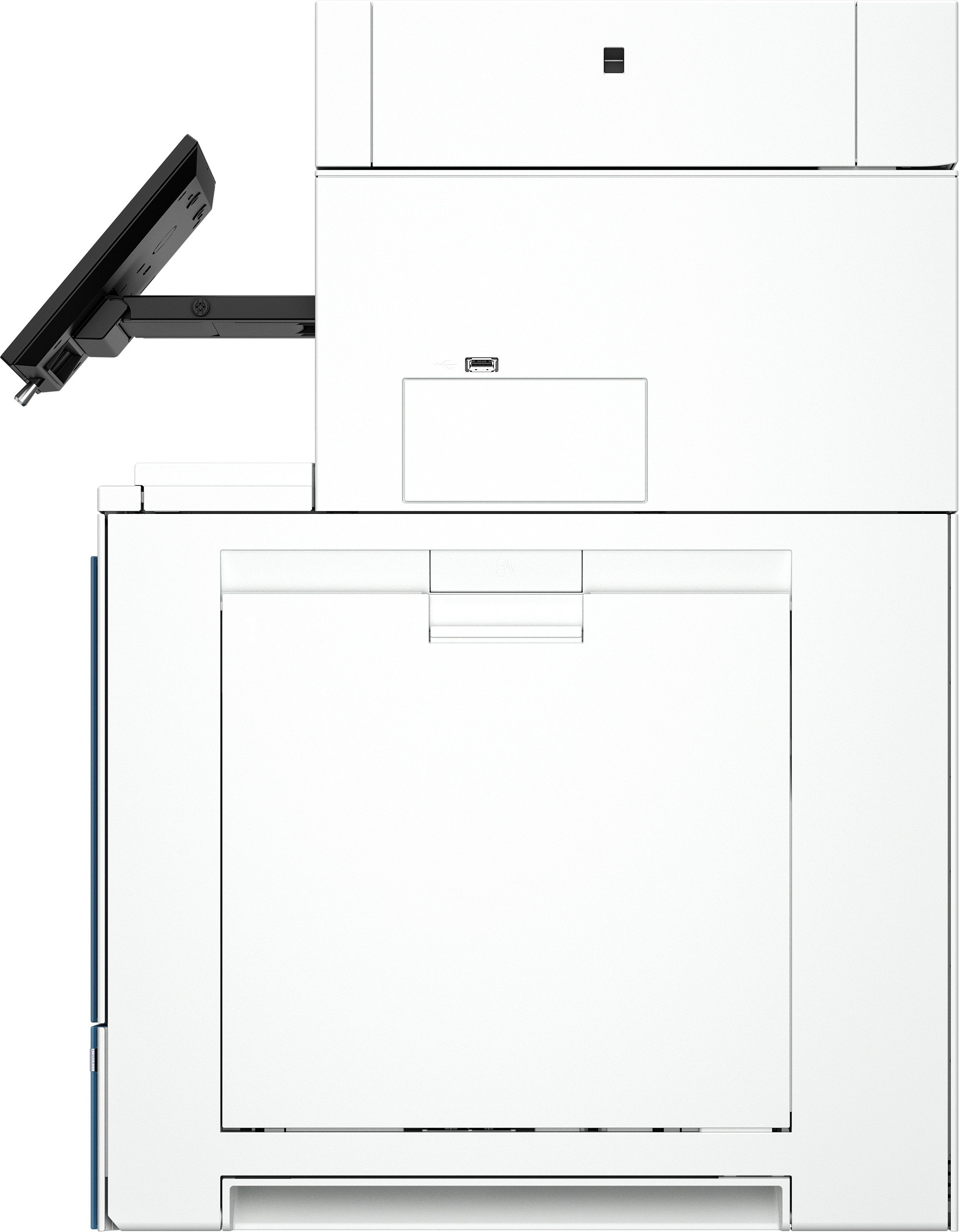 Biała drukarka z czarnym ekranem i podajnikiem papieru, widok z góry.