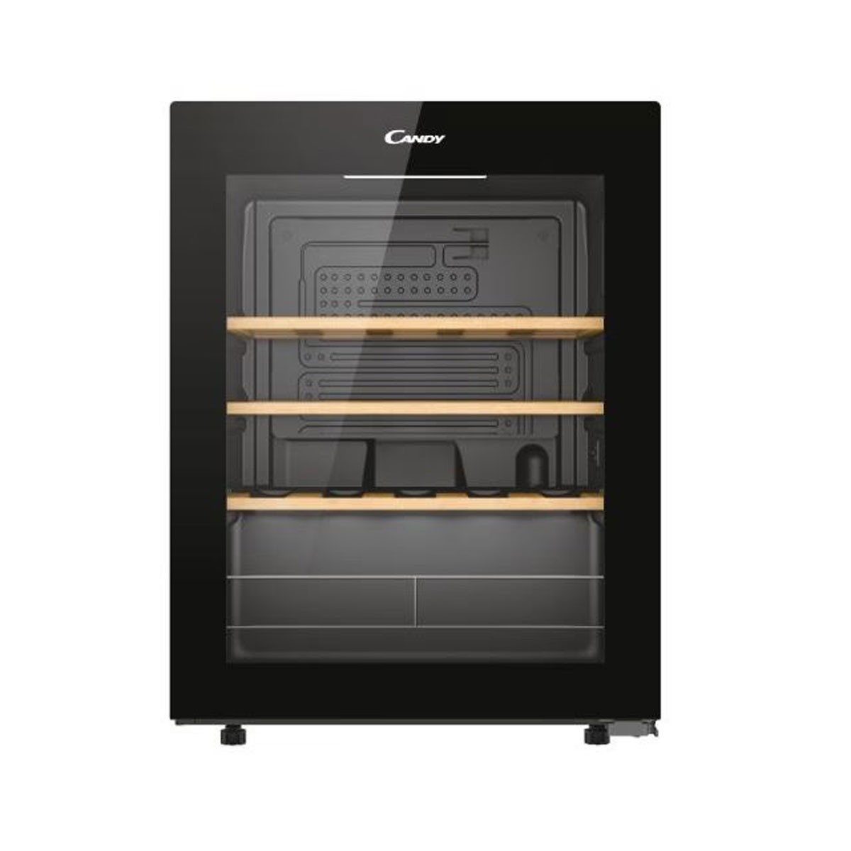 Czarna chłodziarka do wina Candy ze szklanymi drzwiami i drewnianymi półkami.