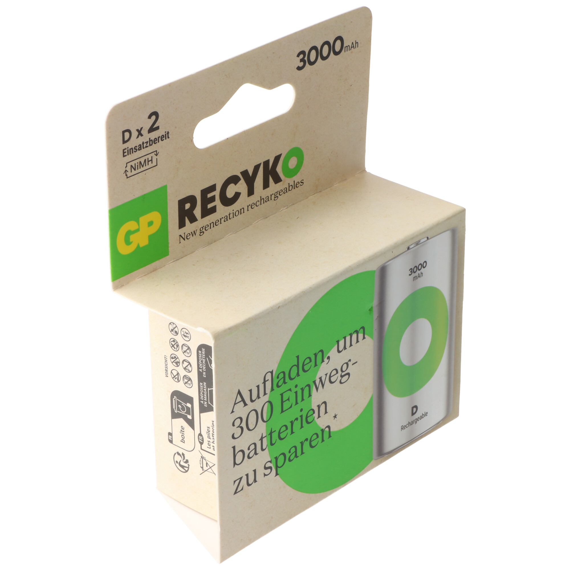 Boxed batteries. Text: Recyko, Rechargeable. Green and white design. Shows battery inside.