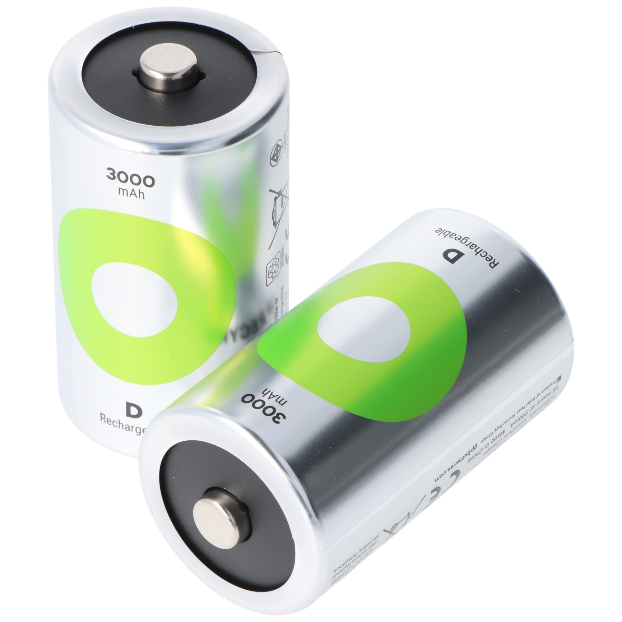 Two silver D batteries. Each has green and white label.