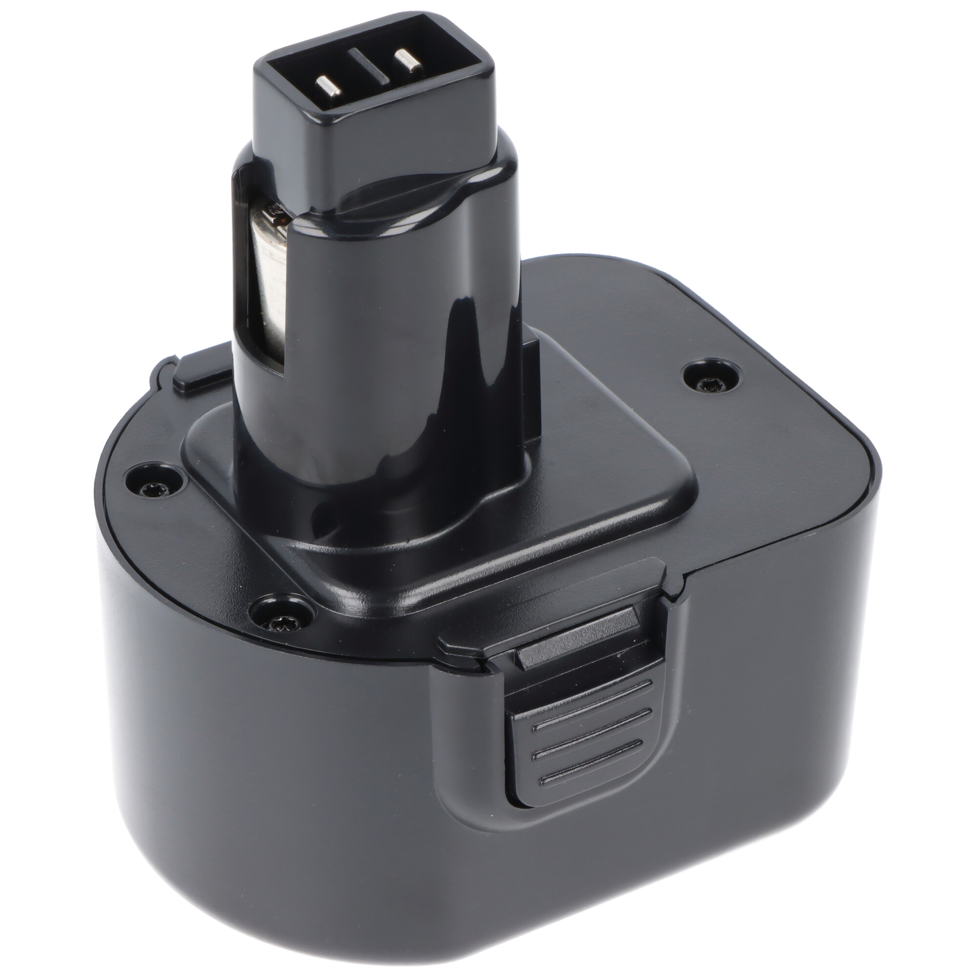 Schwarzer Elektrowerkzeug-Akku mit schwarzem Gehäuse und Stecker.