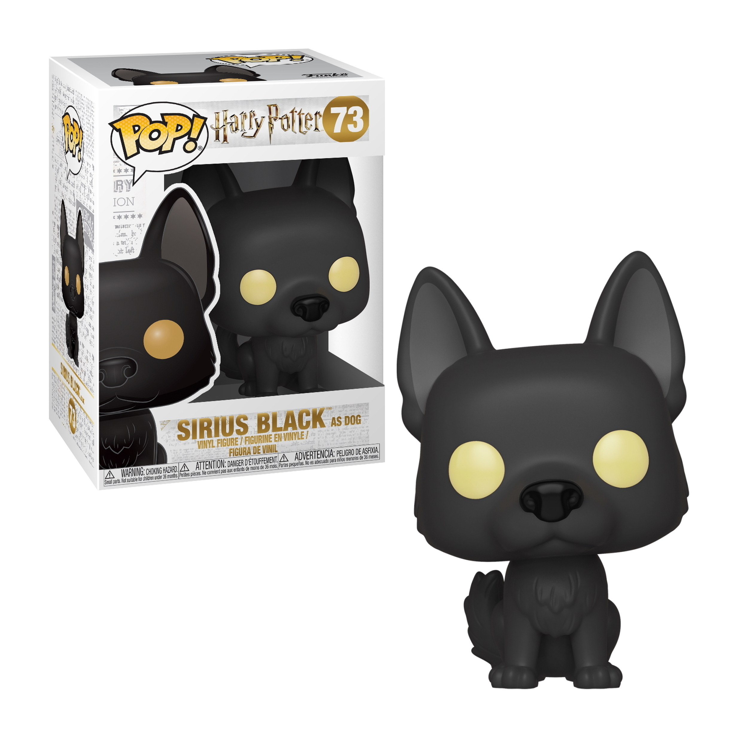 Schwarze Hund Funko Pop Figur von Sirius Black, schwarz und gelb.