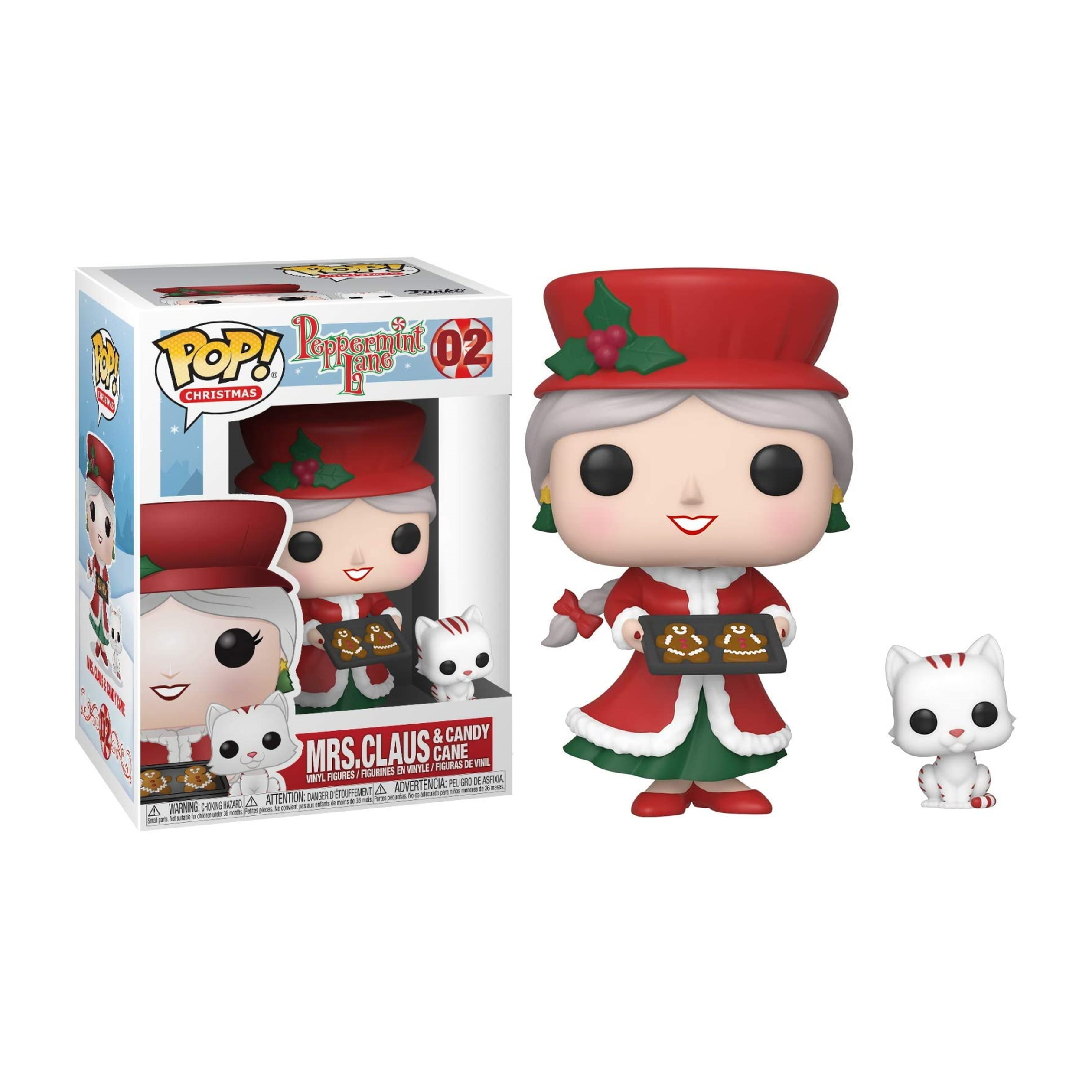 Mrs. Claus Funko Pop Figur mit Katze, in Box. Sie hält Lebkuchen.