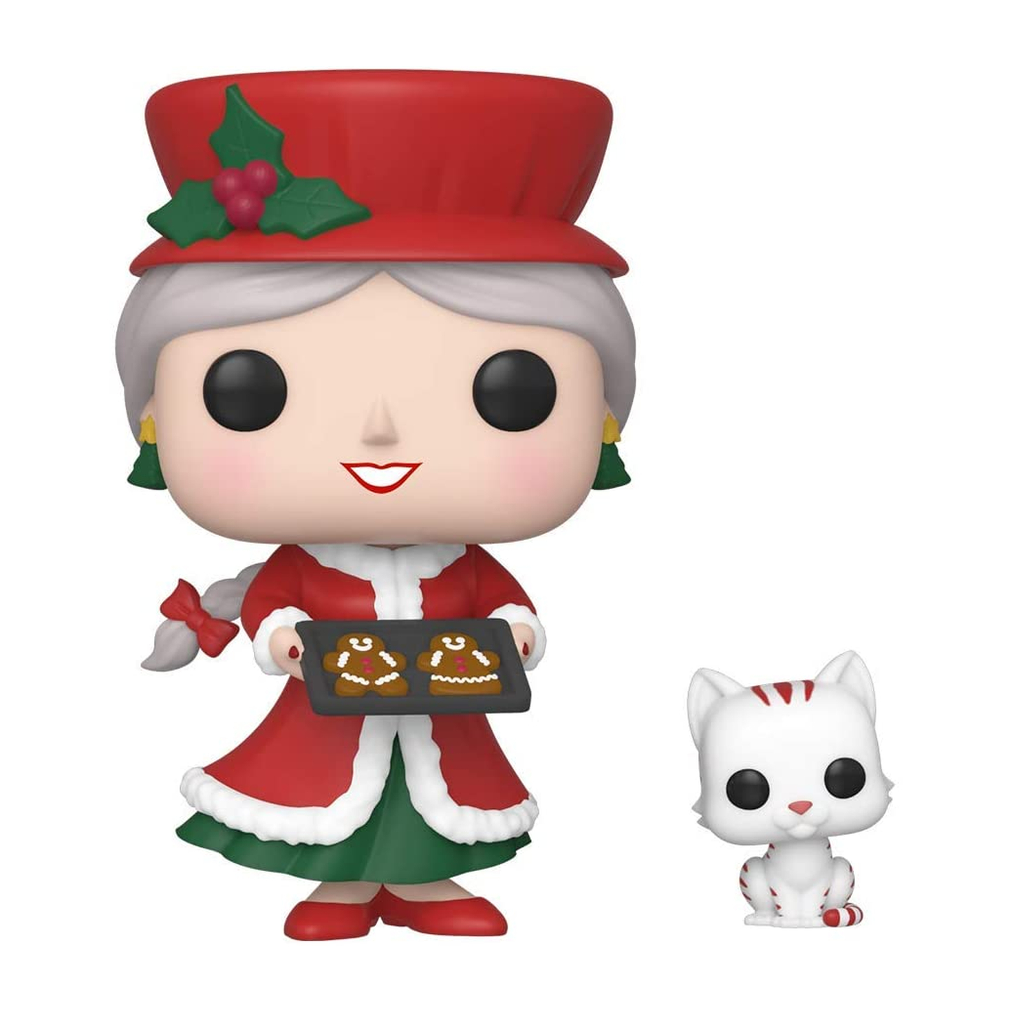Mrs. Claus Figur mit Katzenfigur, beides Funko Pop Spielzeug. Mrs. Claus hält Lebkuchen.