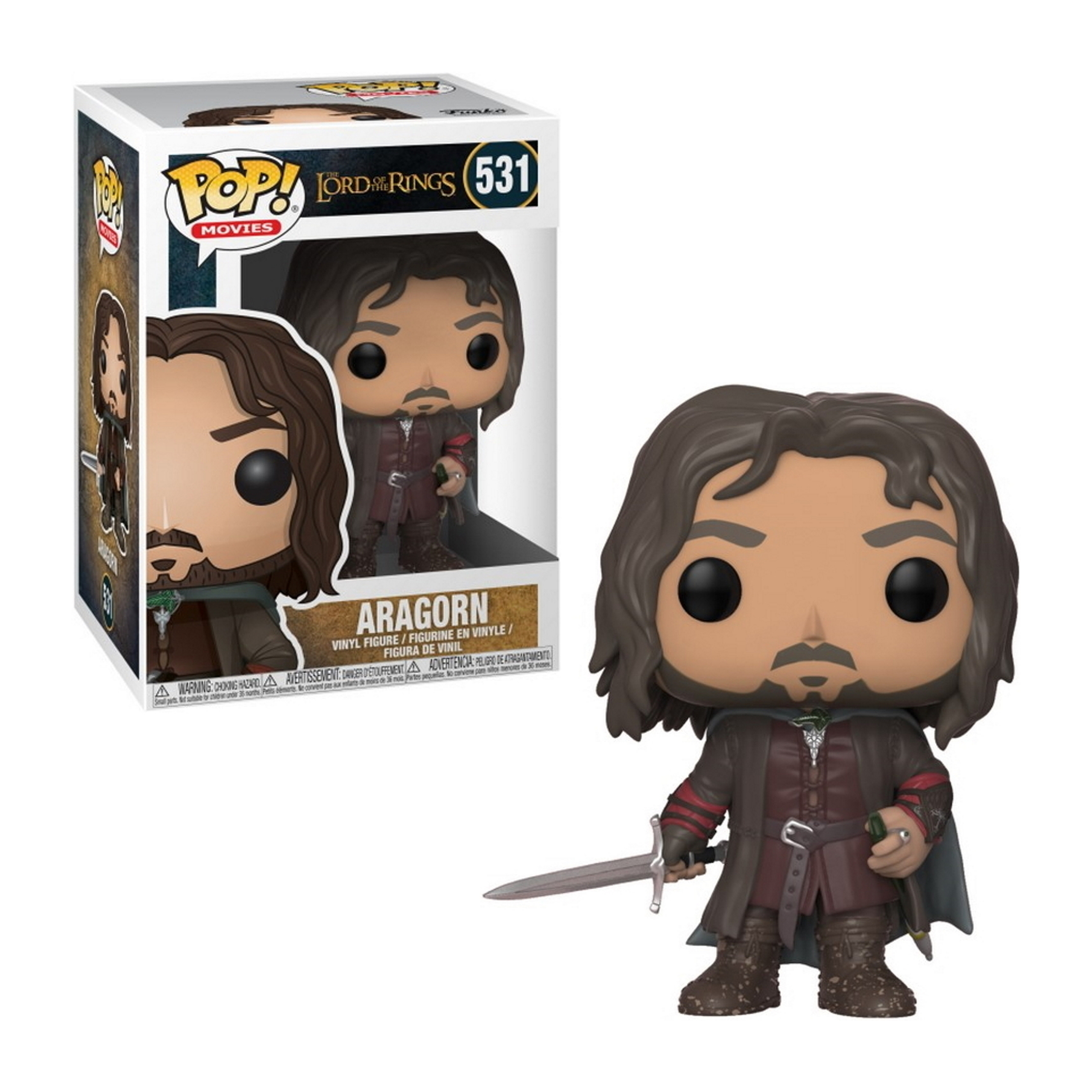 Figurka Funko Pop Aragorna w pudełku i figurka. Z Władcy Pierścieni, trzymająca miecz.