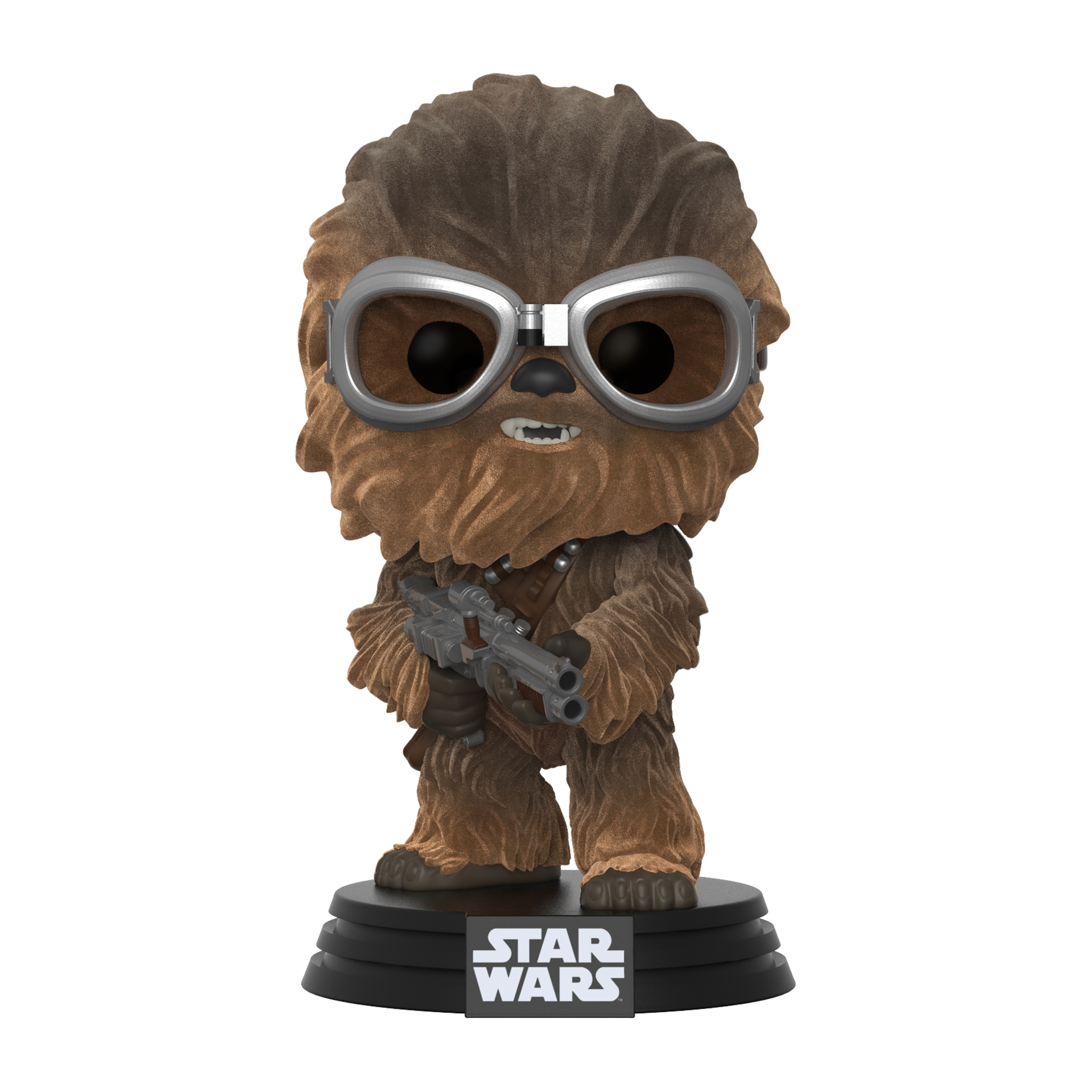 Eine Funko Pop-Figur von Chewbacca mit Schutzbrille, der eine Waffe hält, auf einer "Star Wars"-Basis.