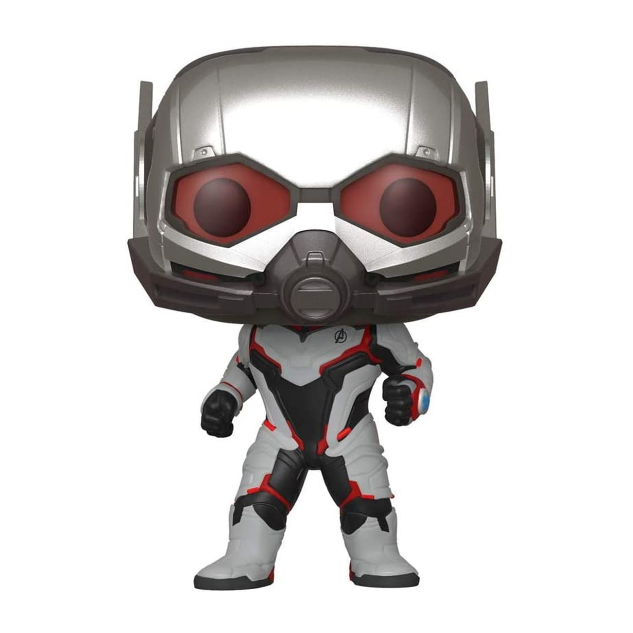 Figura Funko Pop di Ant-Man. Casco argentato, occhi rossi e tuta grigia e nera.