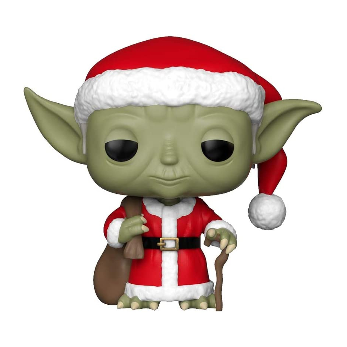 Yoda in costume da Babbo Natale, con sacco e bastone, in piedi.