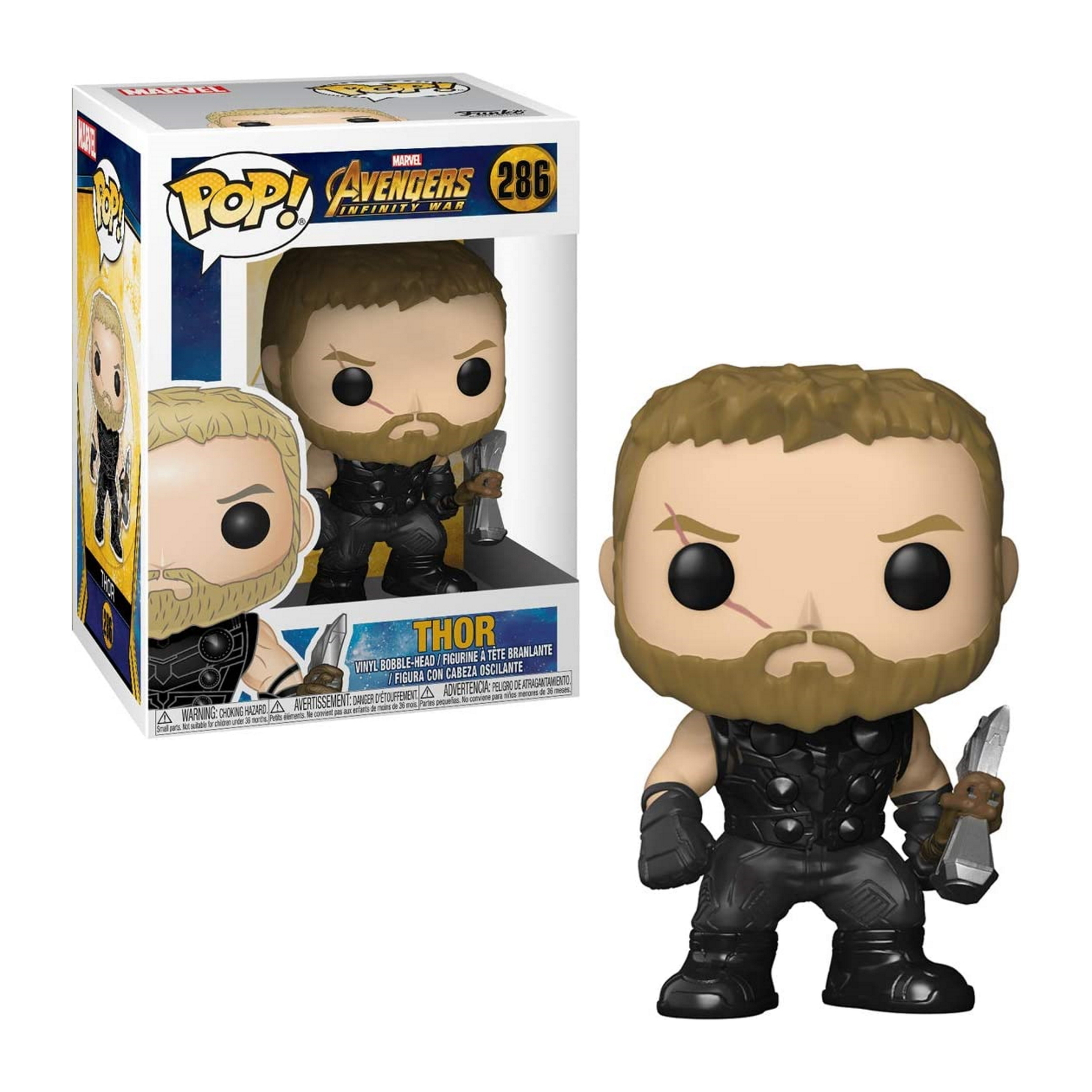 Figurka Thora z bronią i czarnym strojem, z Avengers Infinity War, w pudełku.