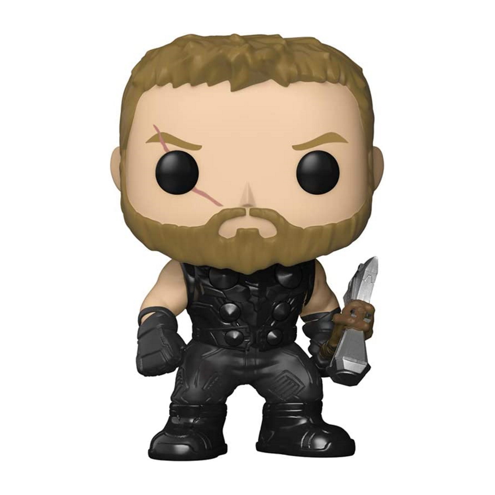 Figurka Funko Pop Thor. Nosi czarną zbroję i trzyma topór. Figurka ma bliznę.