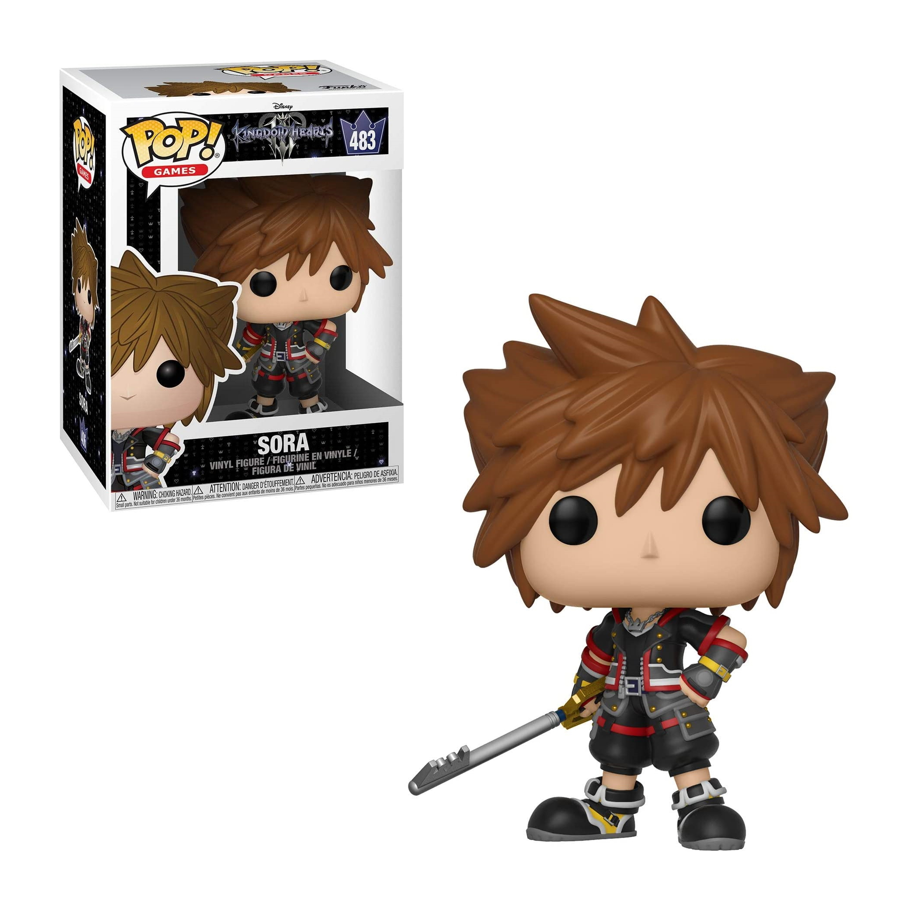 Funko Pop von Sora, aus Kingdom Hearts, der einen Keyblade hält, in einer Box.