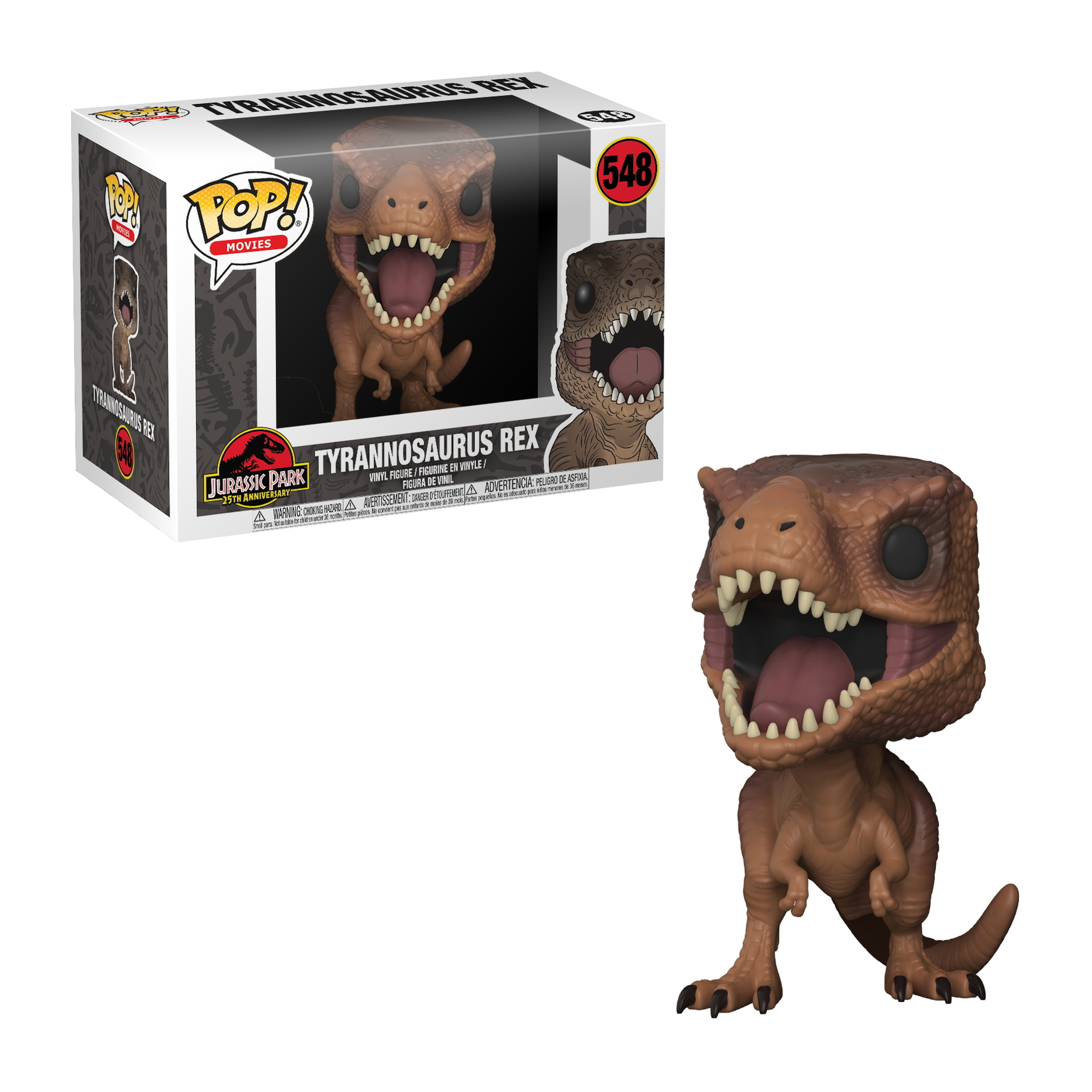 Figurka Funko Pop Tyrannosaurus Rex, otwarte usta, brązowa, z pudełkiem.