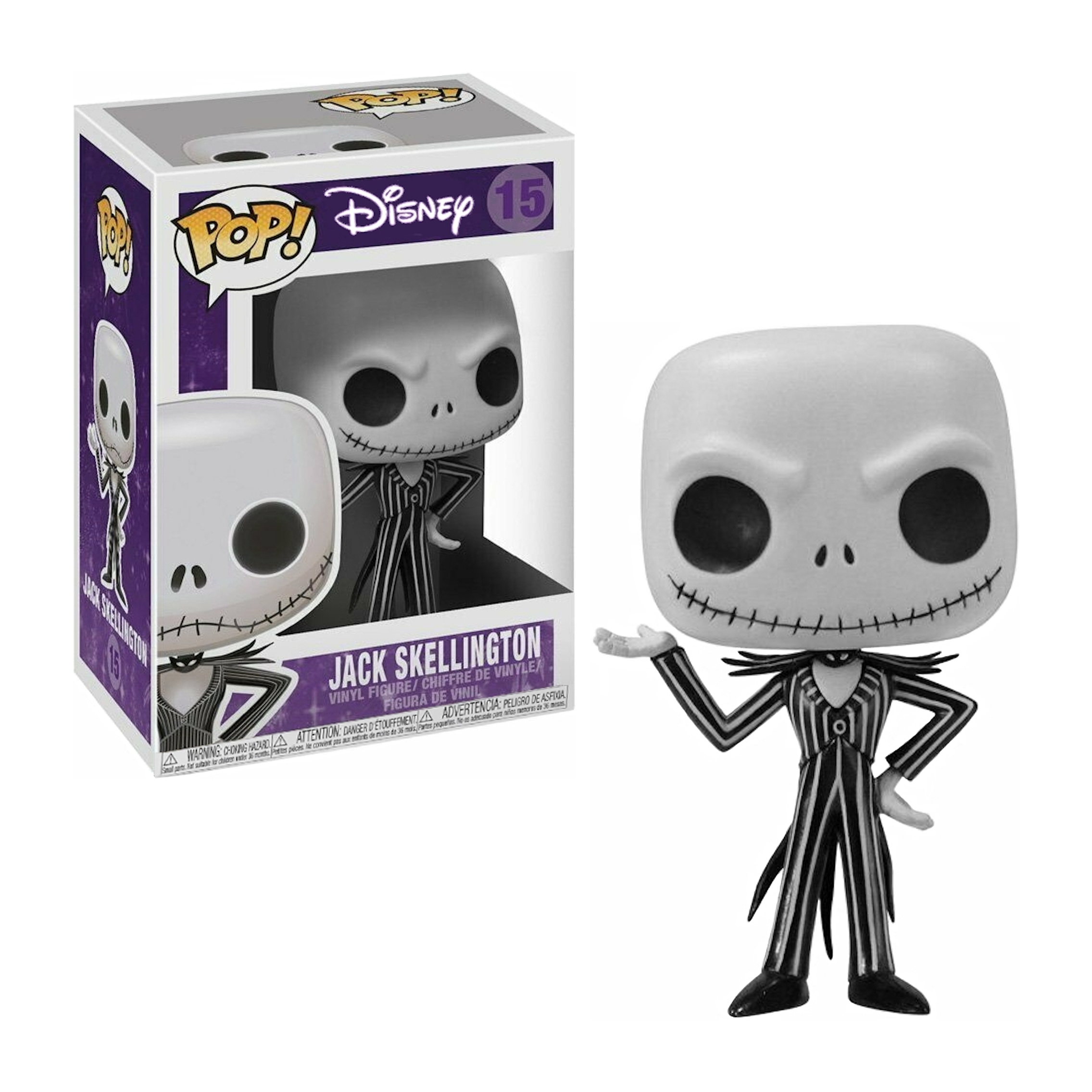 Figurka Funko Pop Jacka Skellingtona w pudełku, w czarno-białym kostiumie.