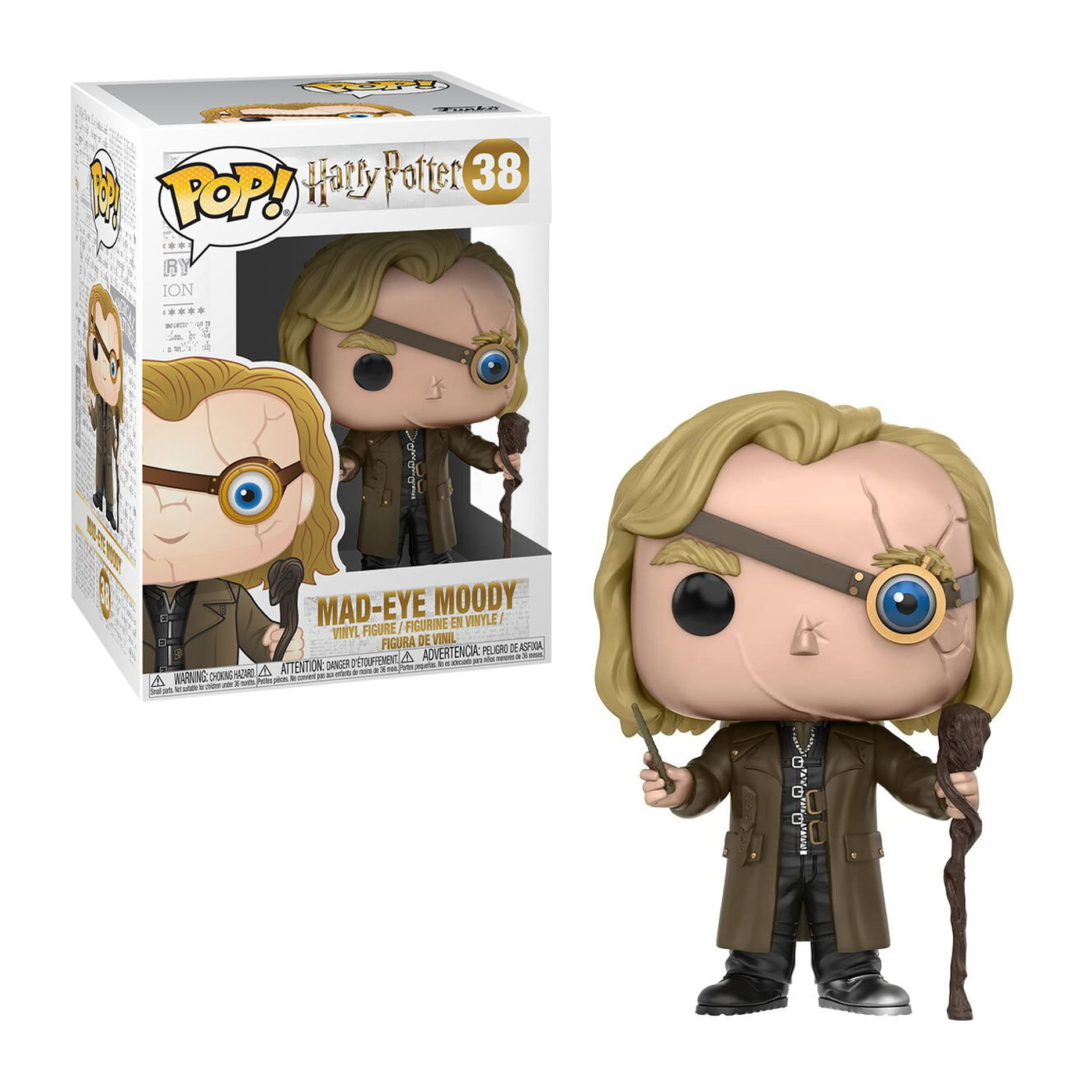 Figurka Mad-Eye Moody Funko Pop w pudełku. Nosi brązowy płaszcz i ma laskę.