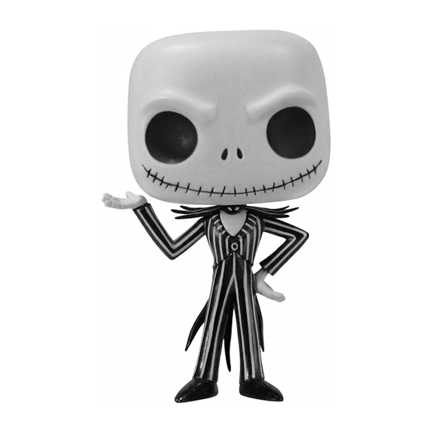 Figurka Funko Pop Jack Skellington w czerni i bieli, na białym tle.