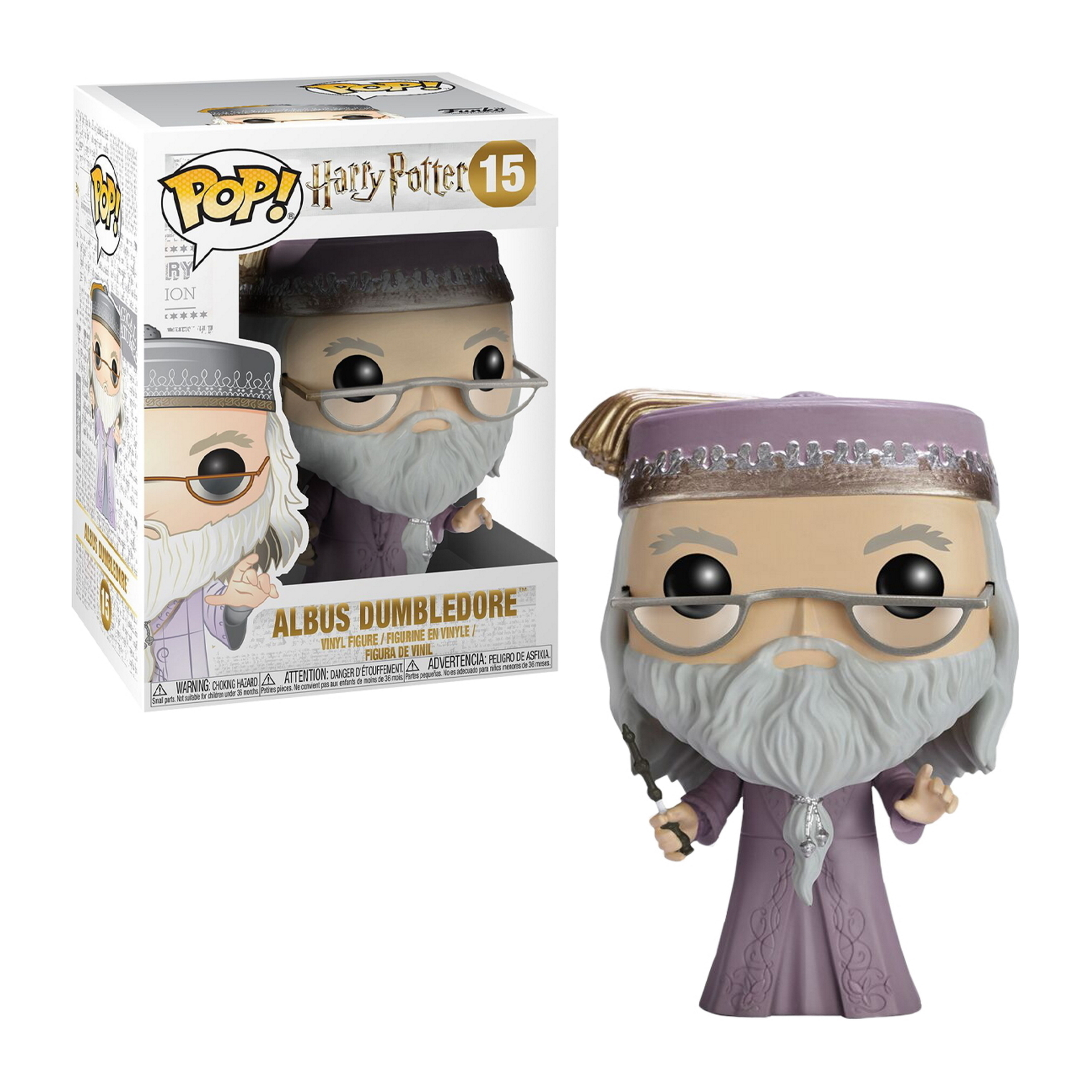 Figurka Funko Pop Albusa Dumbledore'a w pudełku, w fioletowej szacie, z różdżką.