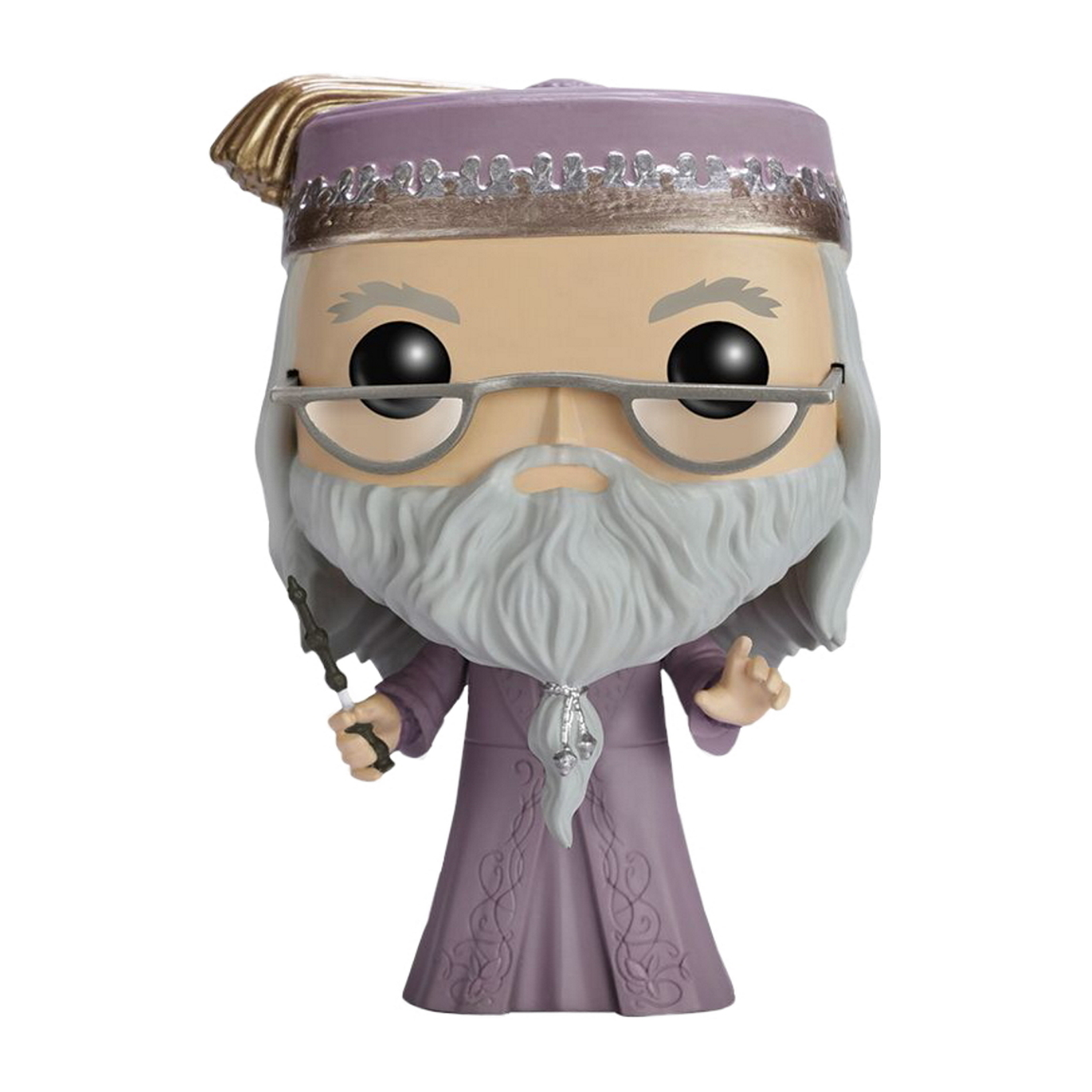 Figurka Dumbledore Funko Pop. Nosi fioletową szatę, okulary i długą, białą brodę.