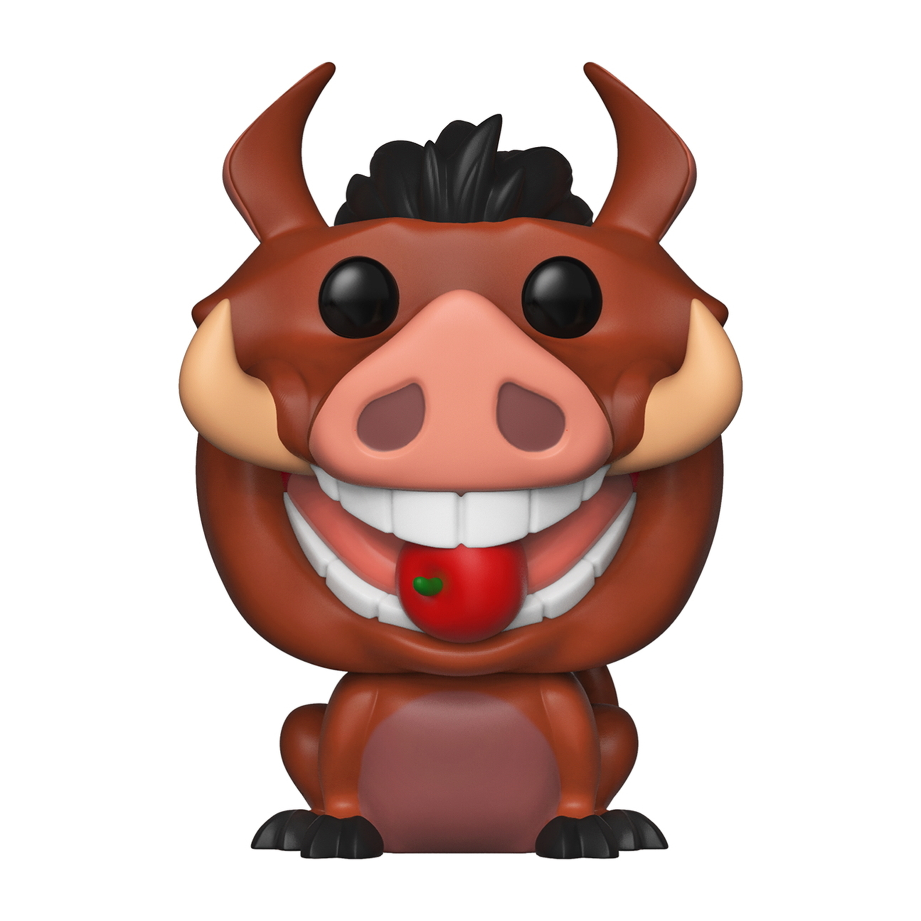 Figurka Funko Pop Pumbaa. Brązowy, uśmiechnięty, z czerwoną jabłkiem w buzi.