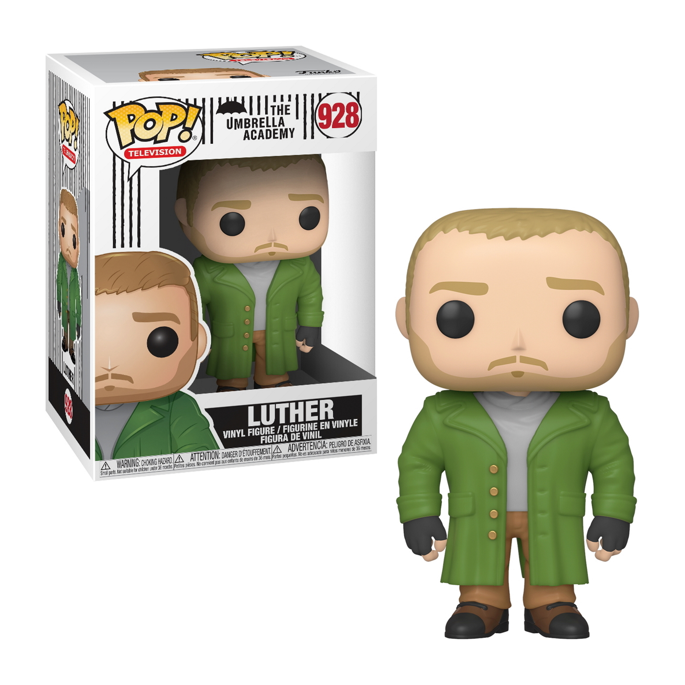 Una figura Funko Pop di Luther di The Umbrella Academy, con un cappotto verde.