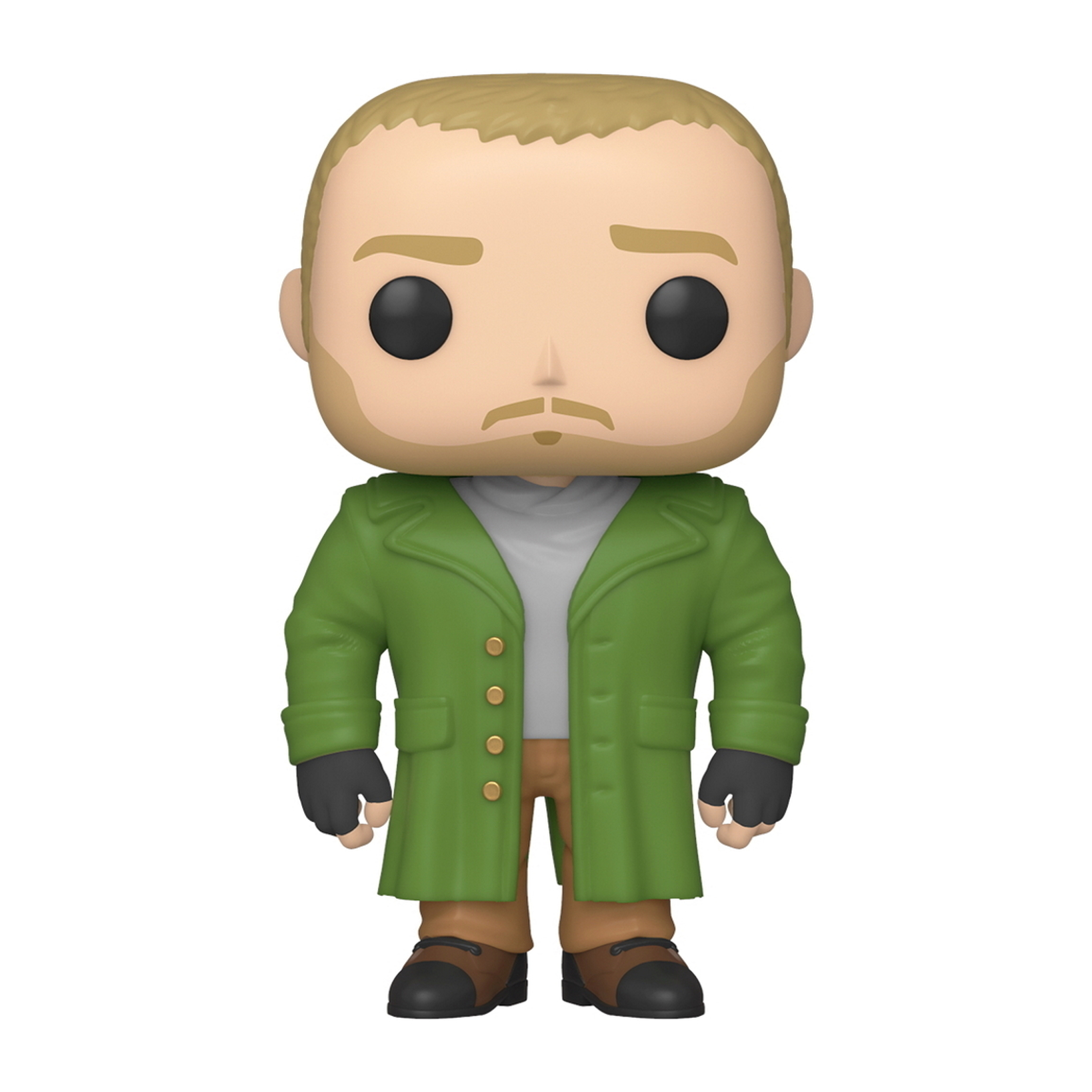 Una figura Funko Pop di un uomo con la barba, con un cappotto verde e pantaloni beige.