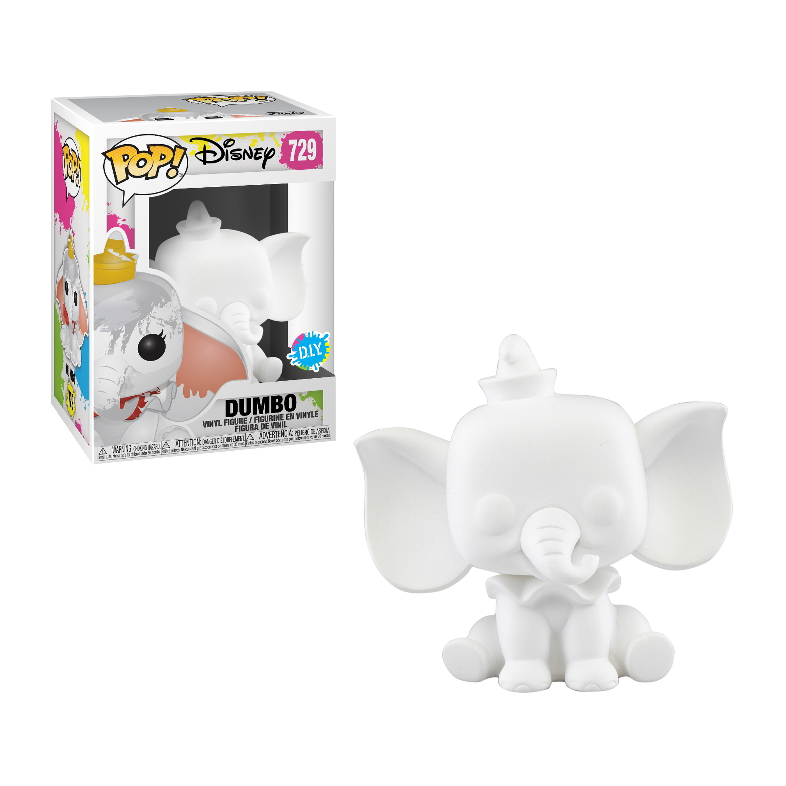 White DIY Dumbo figurine and its box. Dumbo figure is ready for painting.