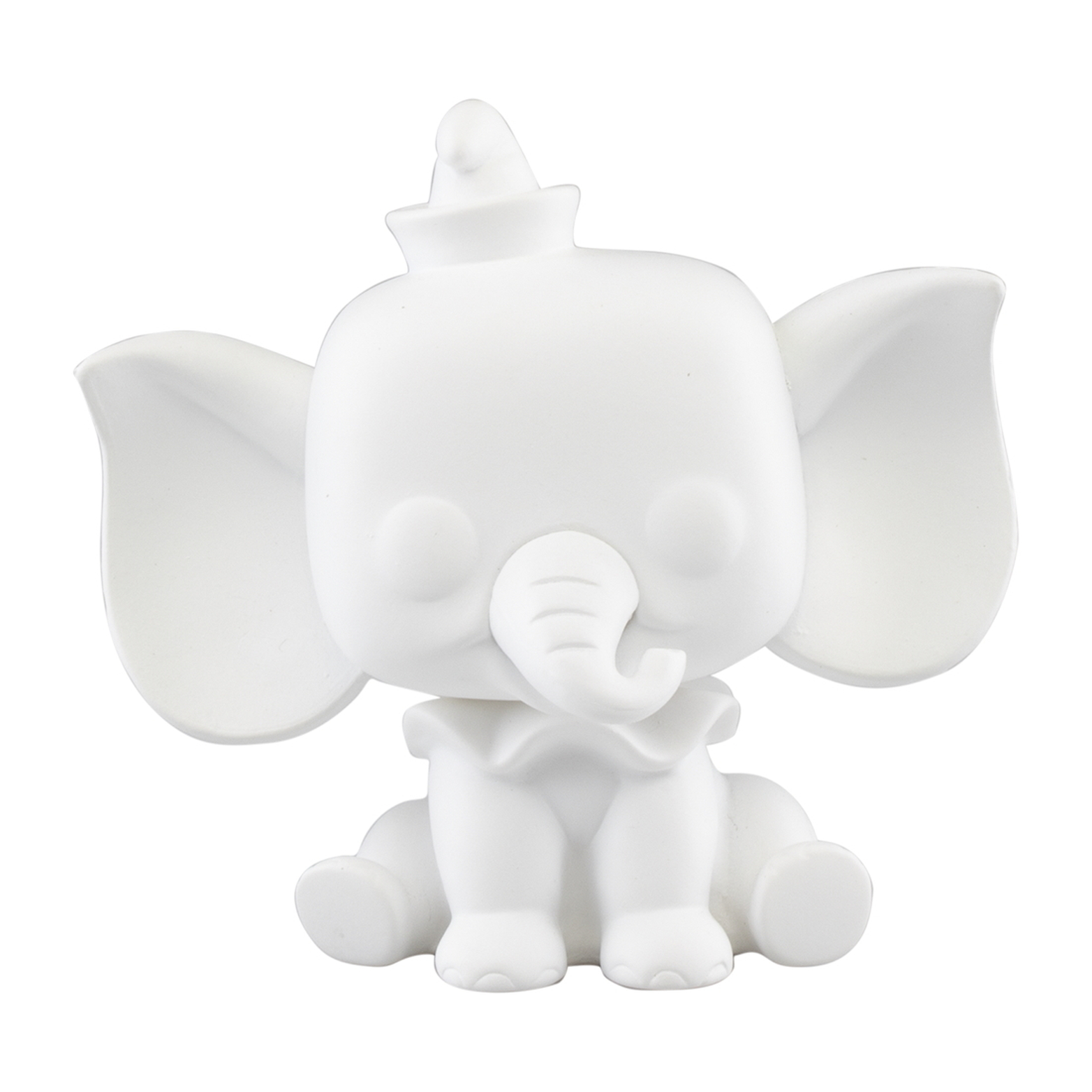 A white Dumbo figurine with large ears and a hat. It is sitting with its arms and legs in front.