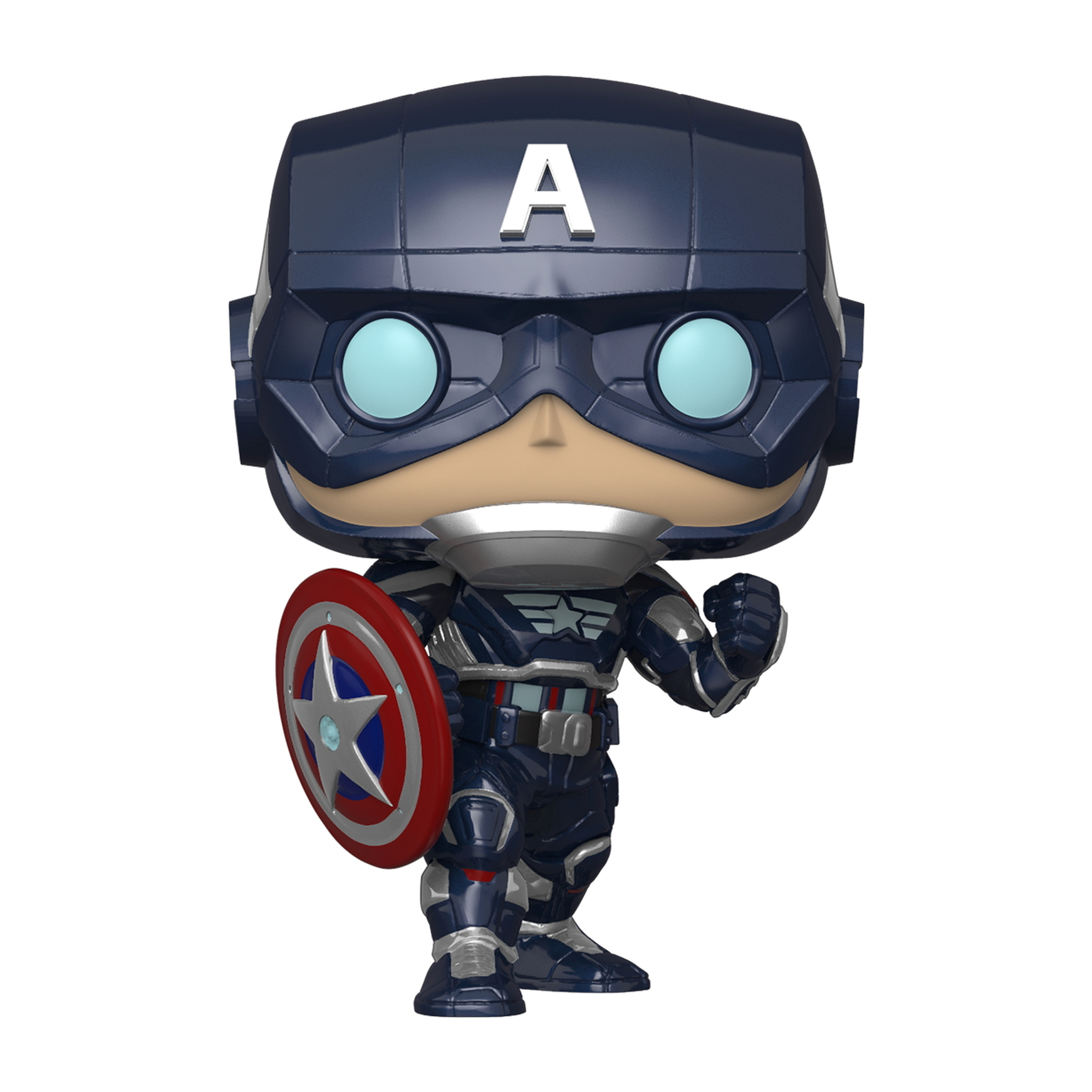 Figura Funko Pop di Capitan America con scudo, pronto a combattere. Indossa un'uniforme blu scuro.