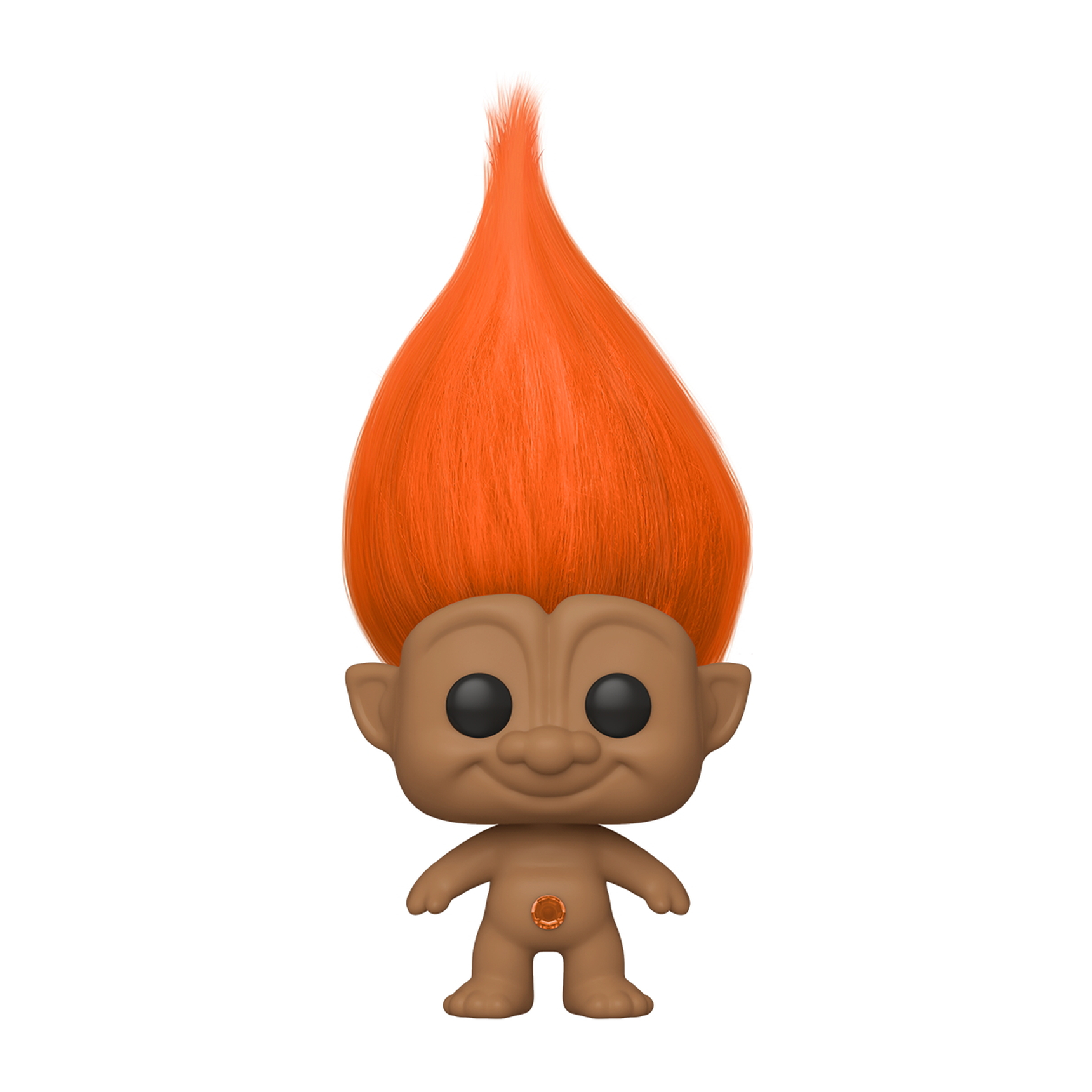 Figura Funko Pop Troll con capelli arancioni. La figura ha un corpo marrone e una gemma sulla pancia.