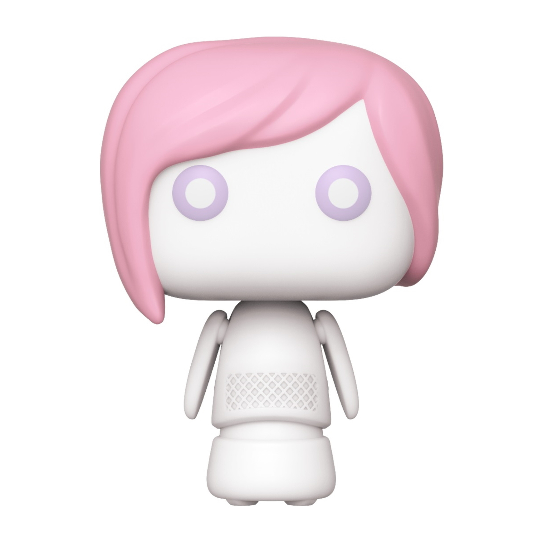 Biała figurka Funko Pop! z różowymi włosami i fioletowymi oczami. To robot.