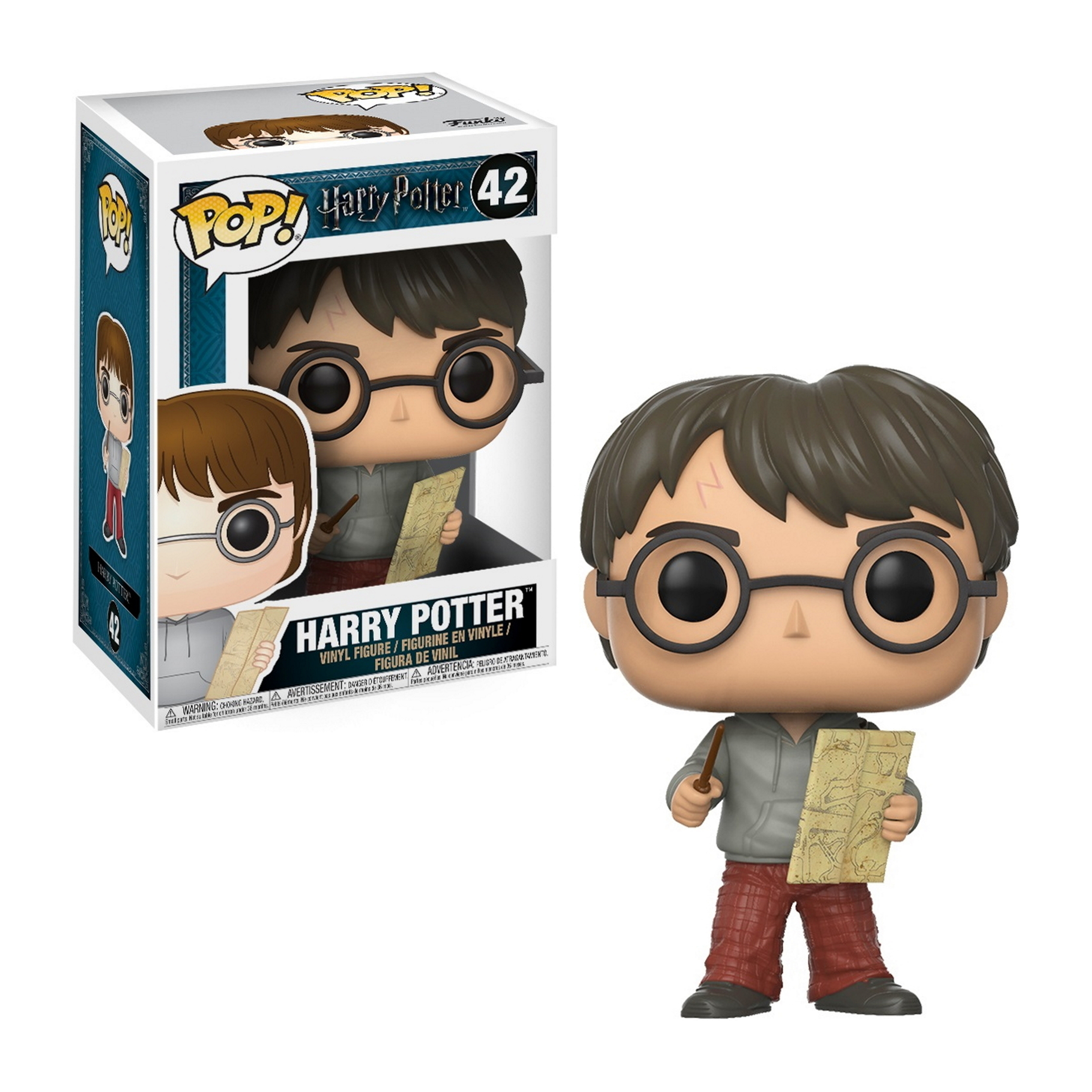 Funko Pop di Harry Potter con bacchetta e pergamena, giacca grigia.