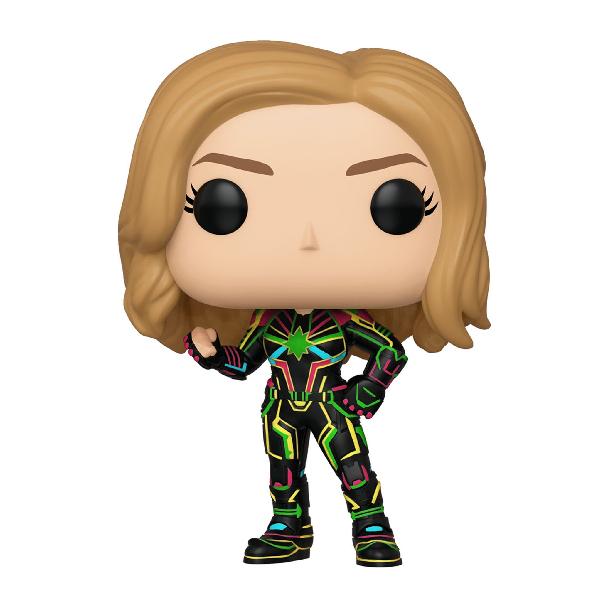 Funko Pop Captain Marvel. Eine Figur einer Frau in Kostüm. Weißer Hintergrund.