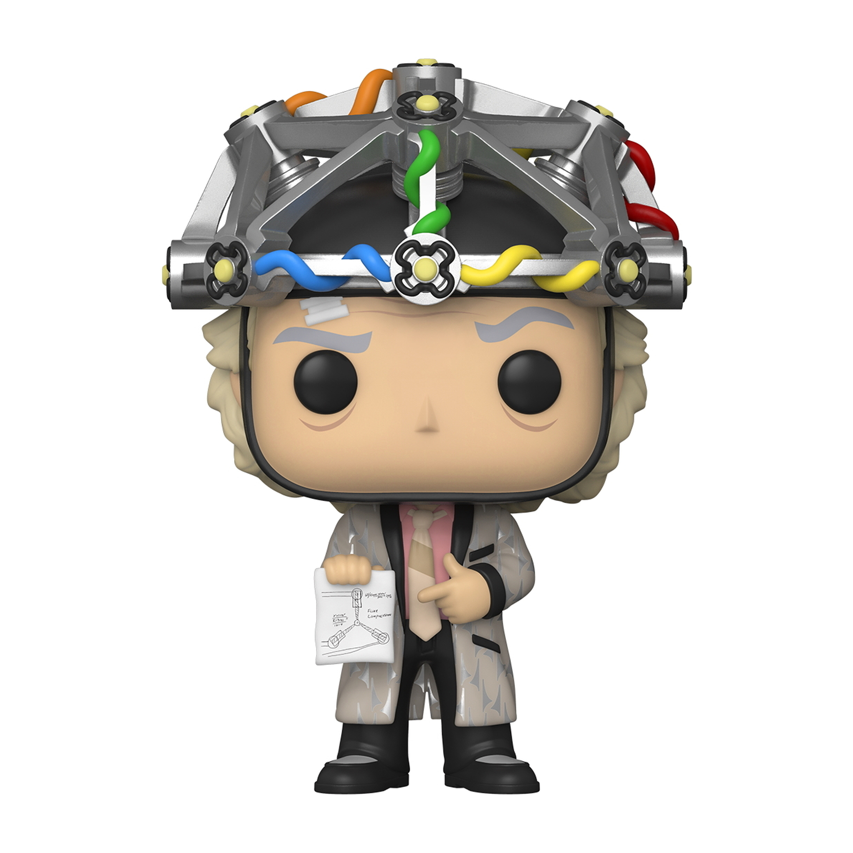 Figura Funko Pop de Doc Brown. Pelo blanco, gafas, sosteniendo un plano.