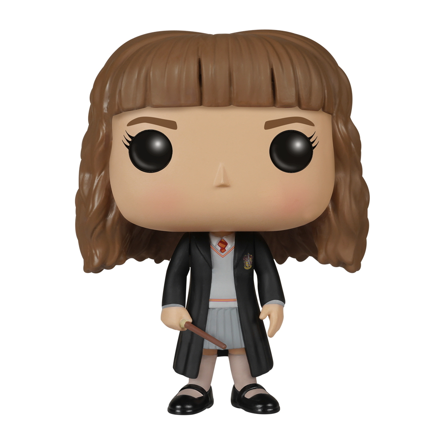 Figurka Hermiony Granger z różdżką, w mundurku szkolnym, z pudełkiem.