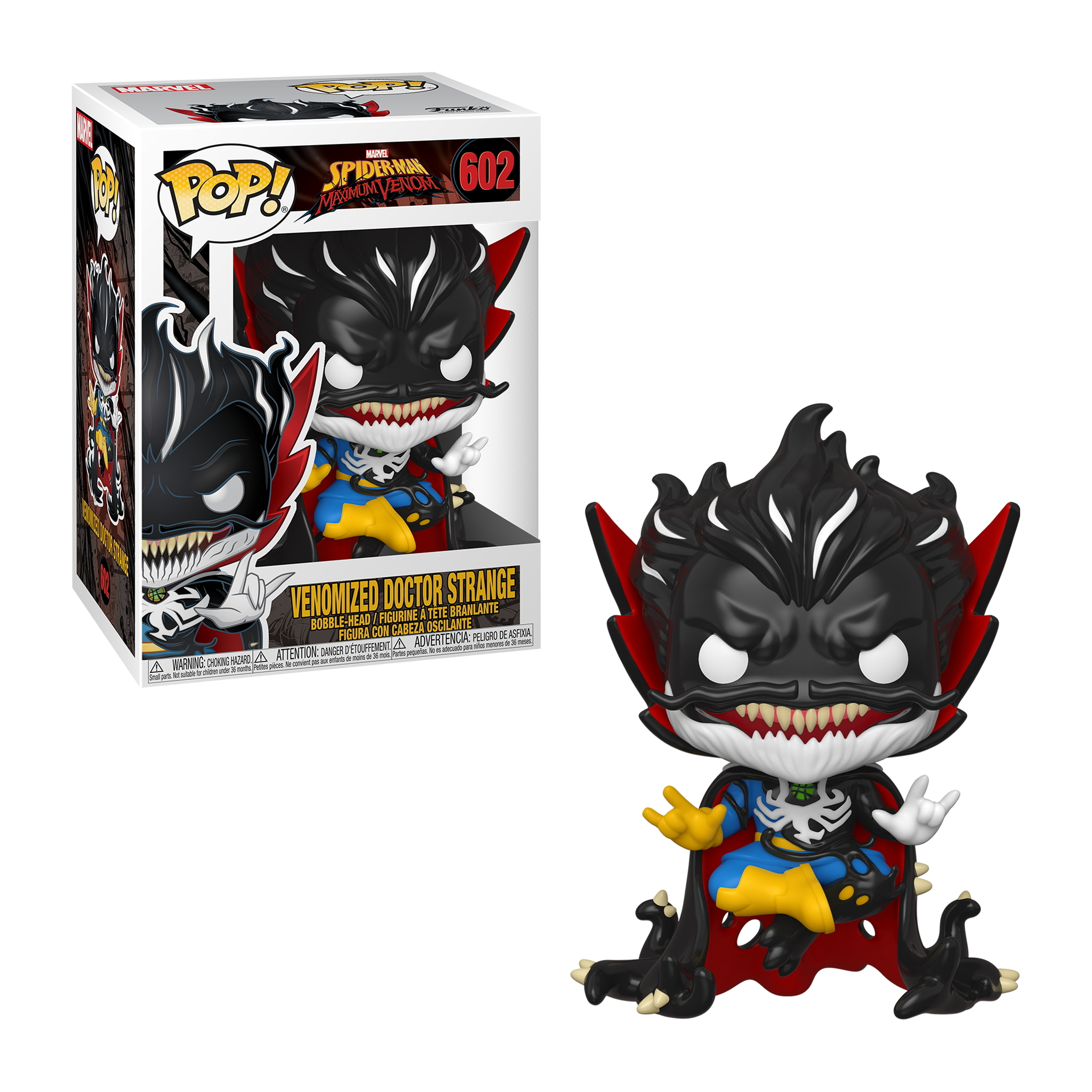 Figura Pop di Doctor Strange Venomizzato con scatola. La figura ha testa nera, mantello e caratteristiche di Venom.