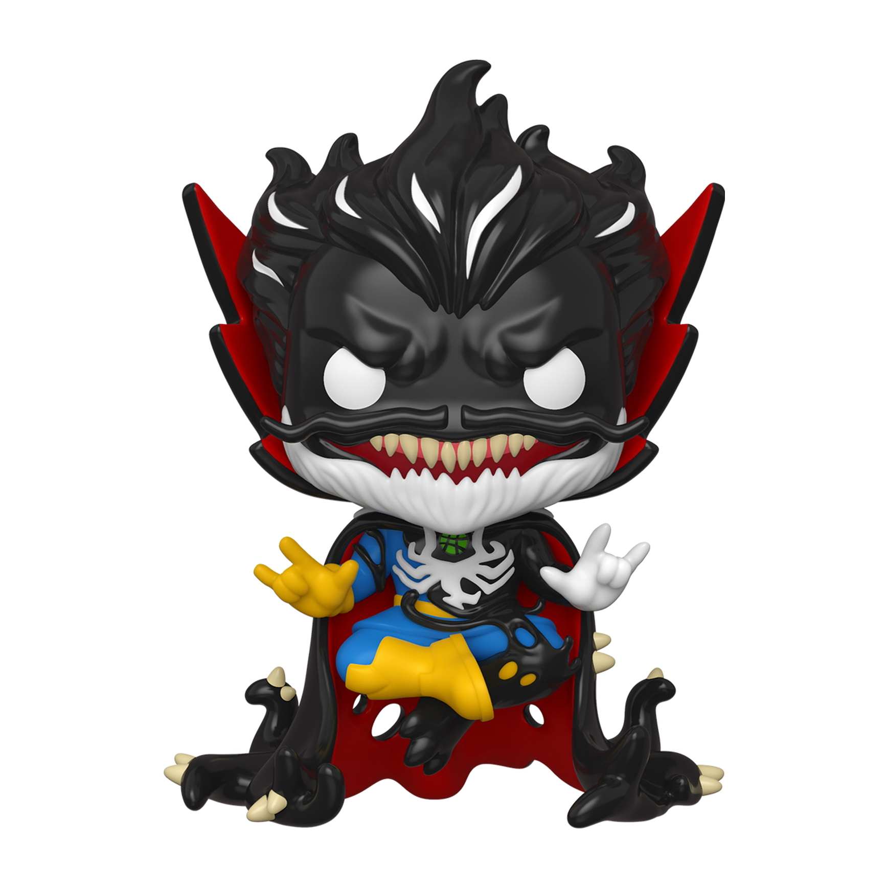 Figura Funko Pop di Doctor Strange. Capelli e mantello neri, guanti gialli e mani alzate.