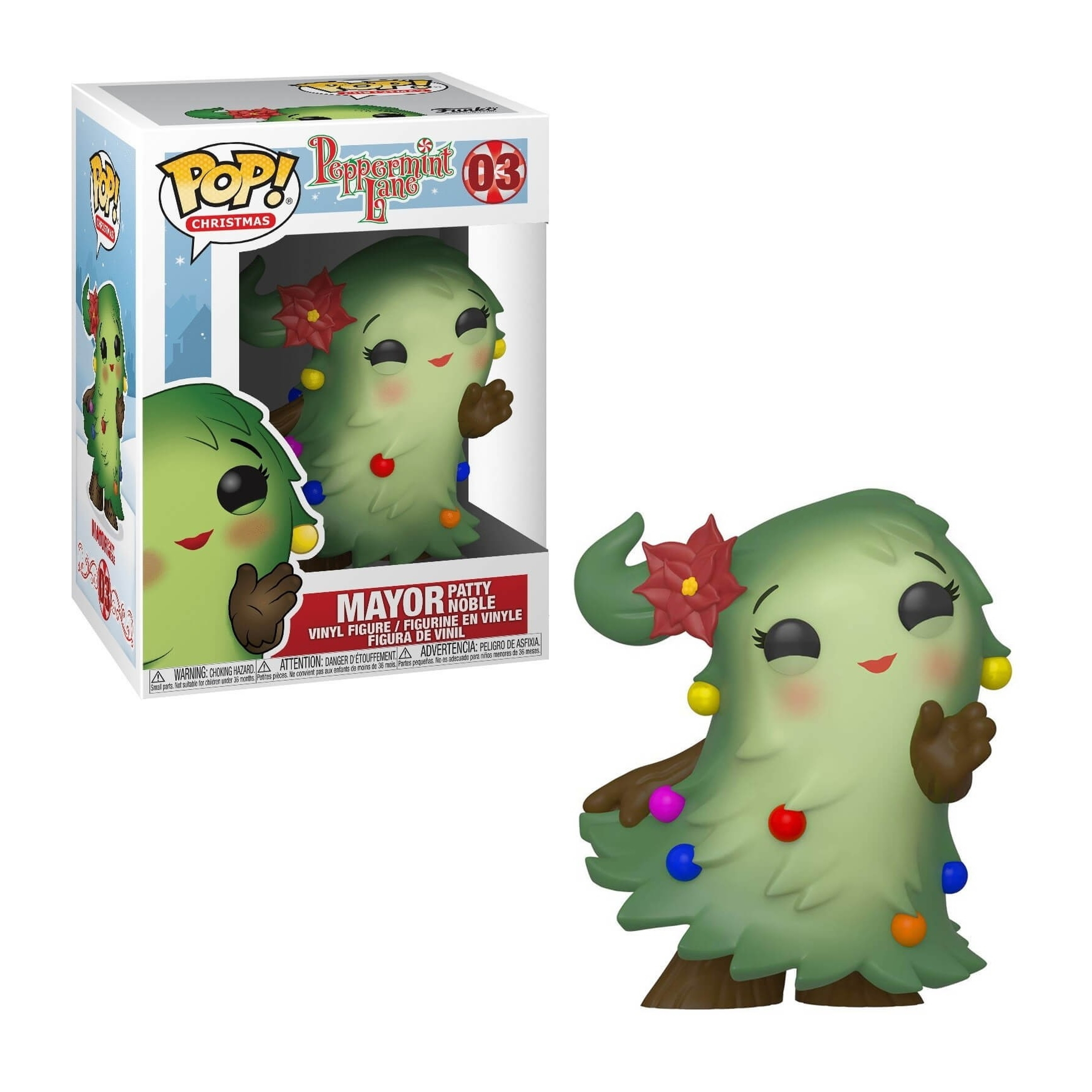 Eine grüne baumartige Figur mit Gesicht, roter Blume und bunten Ornamenten. Es ist eine Pop!-Figur.