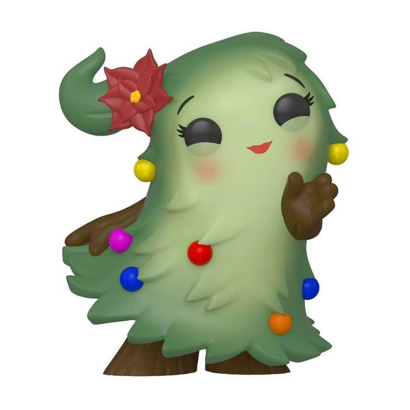 Eine Cartoon-Weihnachtsbaumfigur, grün mit Ornamenten und einer roten Blume.