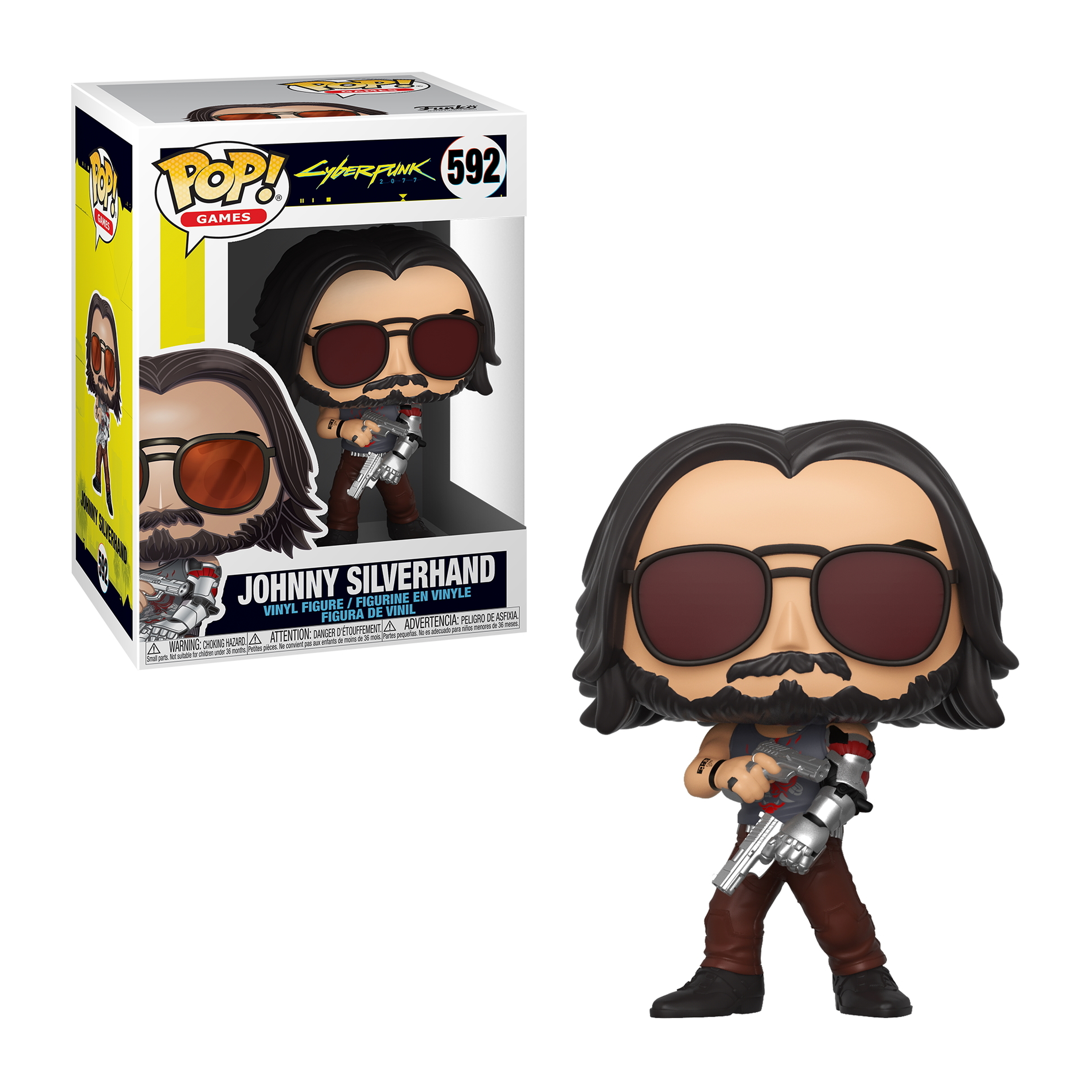 Johnny Silverhand Figur aus Cyberpunk 2077, mit einer Waffe, mit Box im Hintergrund.