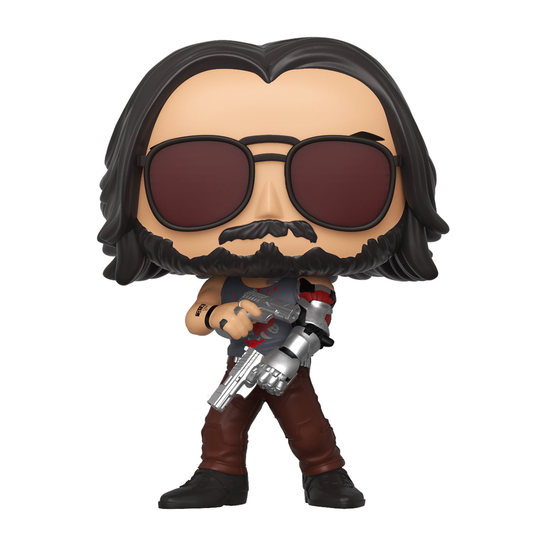 Funko Pop-Figur eines Mannes mit Sonnenbrille, der eine Waffe hält, mit einem Roboterarm.