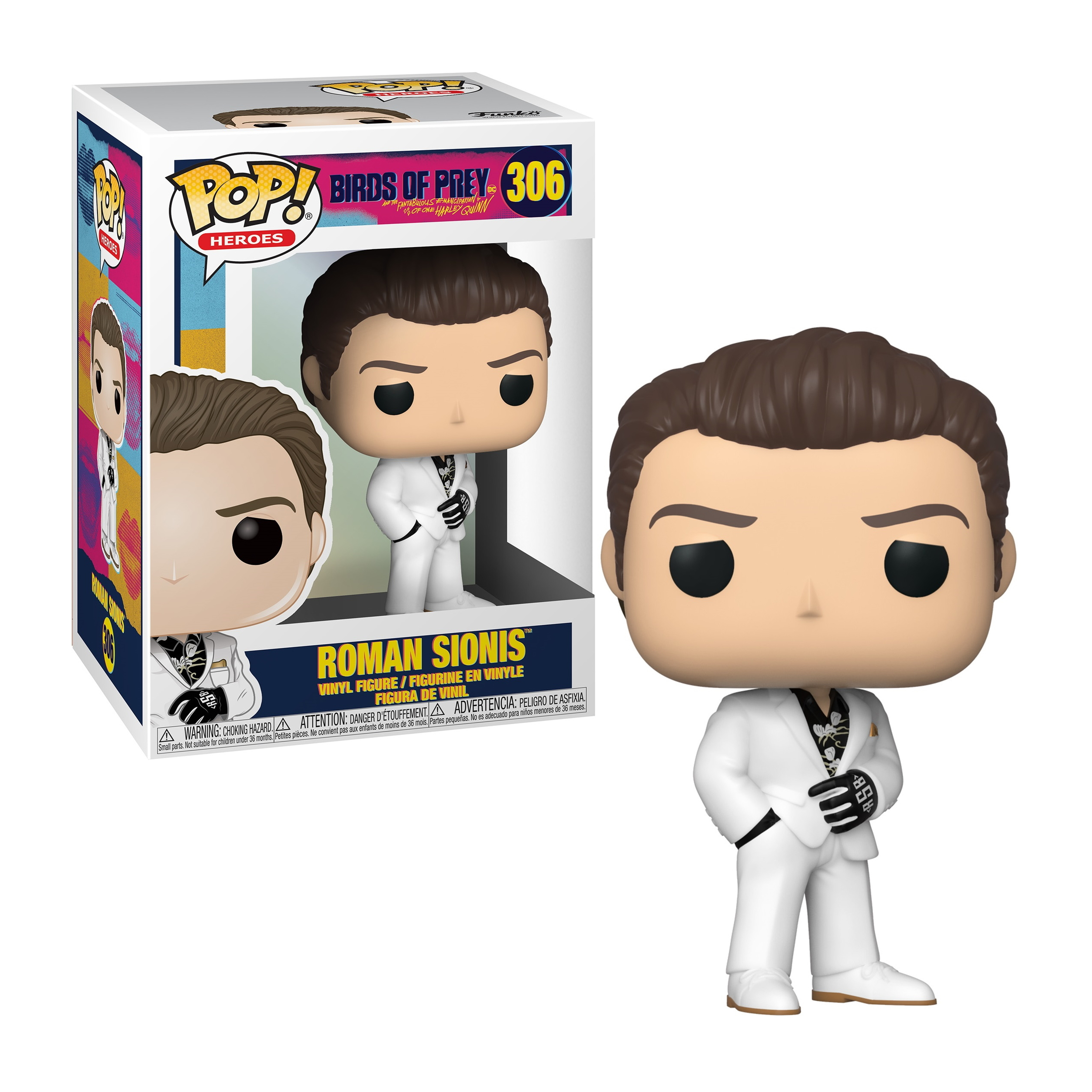 Figurka Funko Pop Romana Sionisa z Birds of Prey, w białym garniturze. W pudełku.