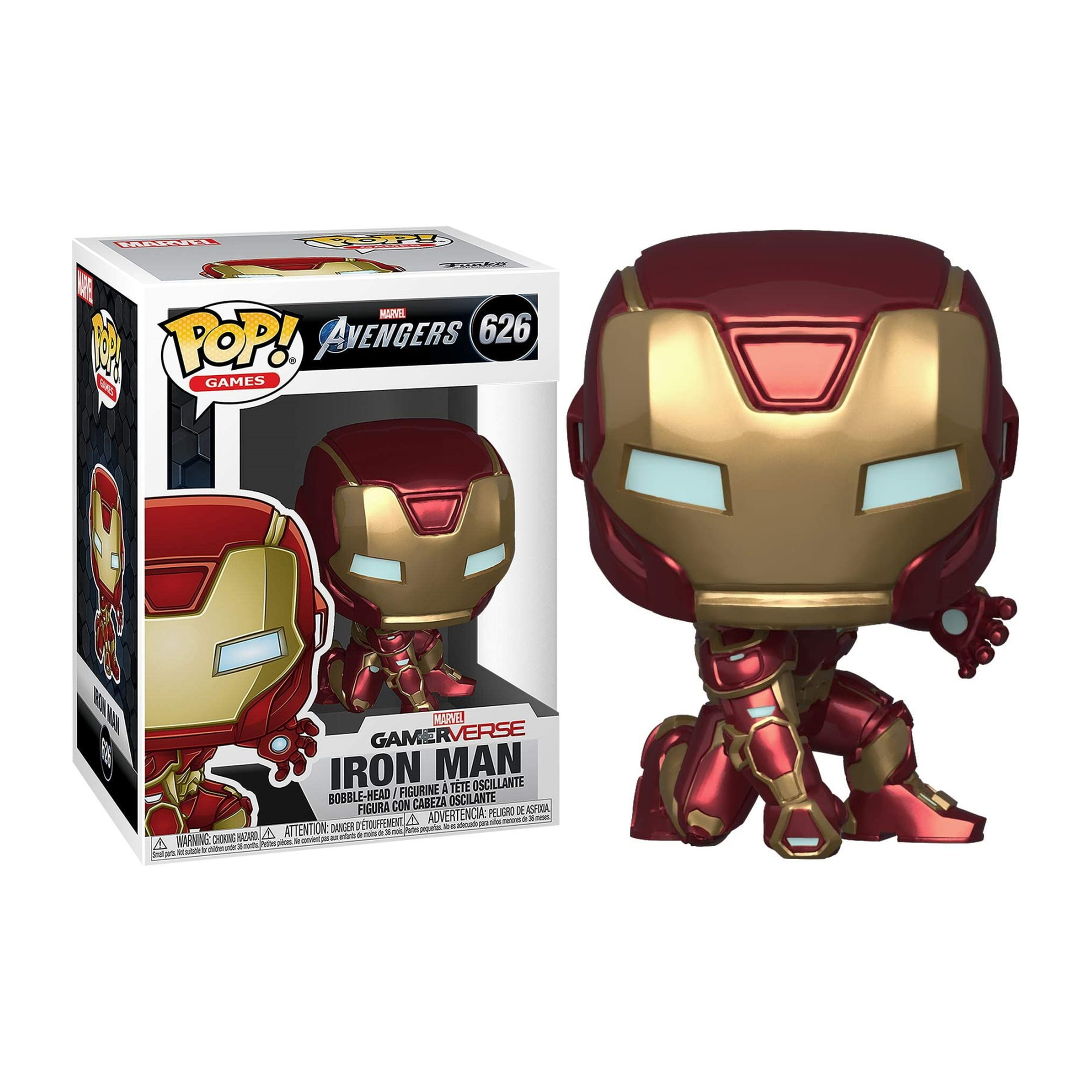 Figurka Funko Pop Iron Mana w czerwono-złotej zbroi, klęcząca, z pudełkiem.