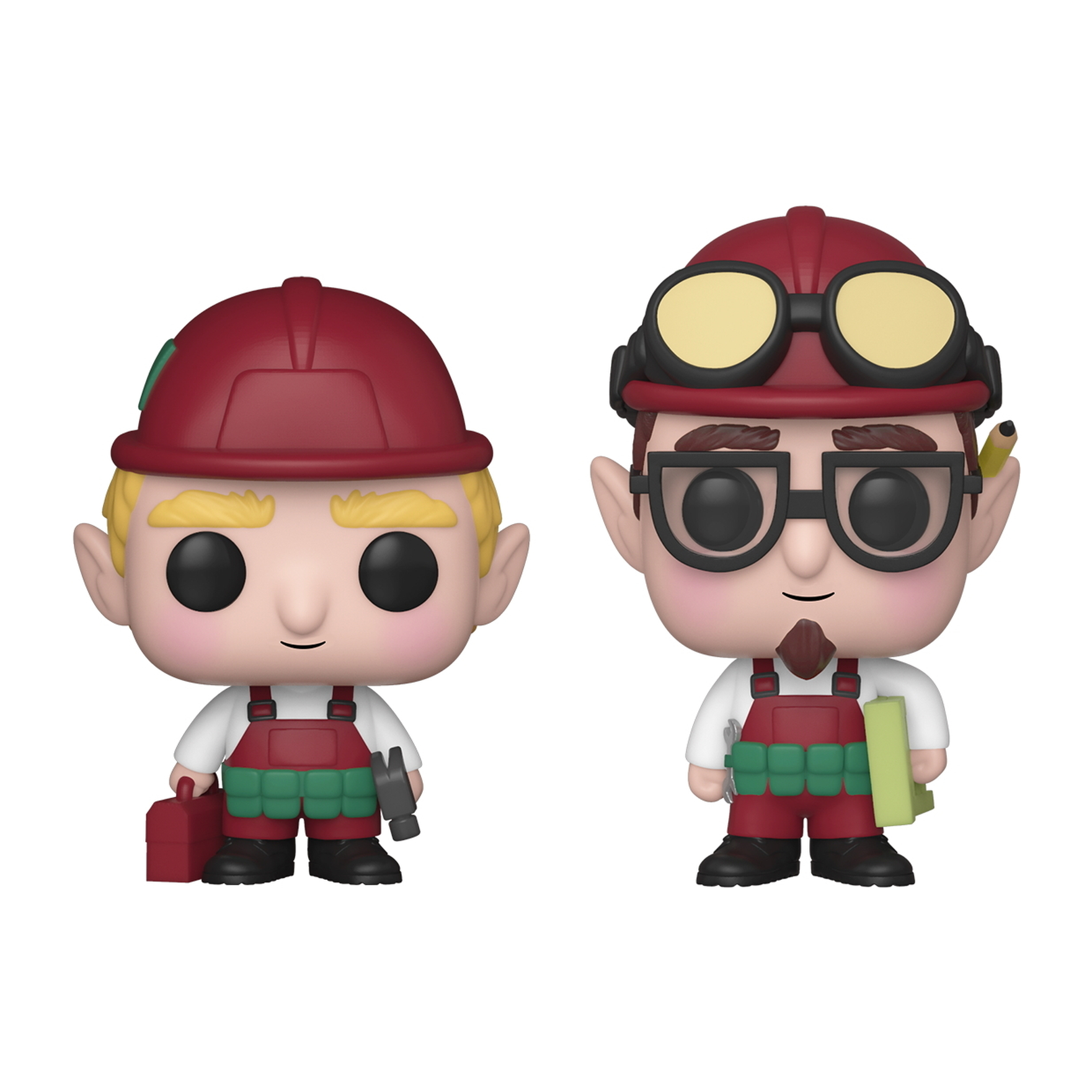 Dwie figurki Funko Pop w stylu elfów. Jeden trzyma narzędzia, drugi nosi okulary i gogle.