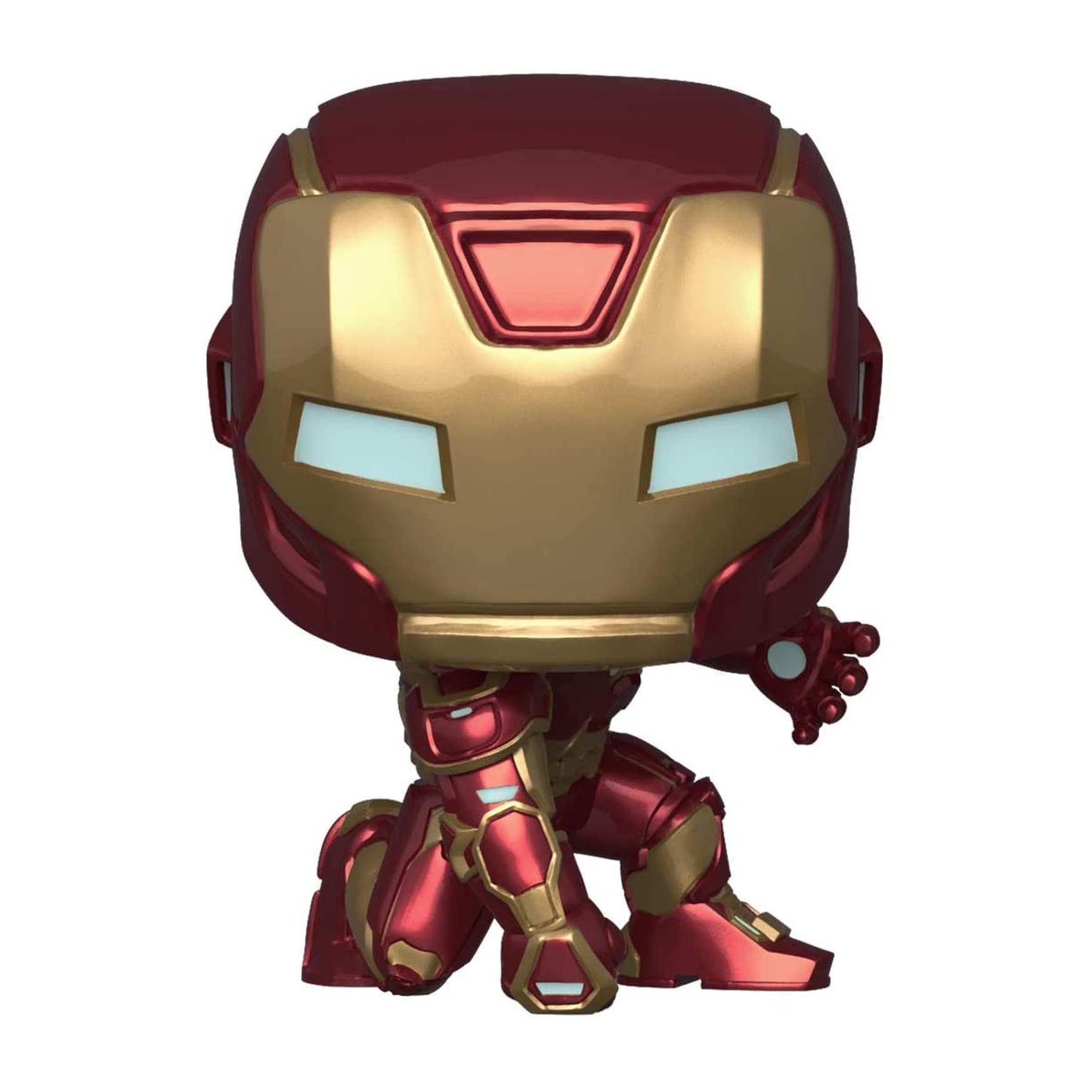 Figurka Iron Mana w pozycji klęczącej, czerwono-złota zbroja, białe tło.