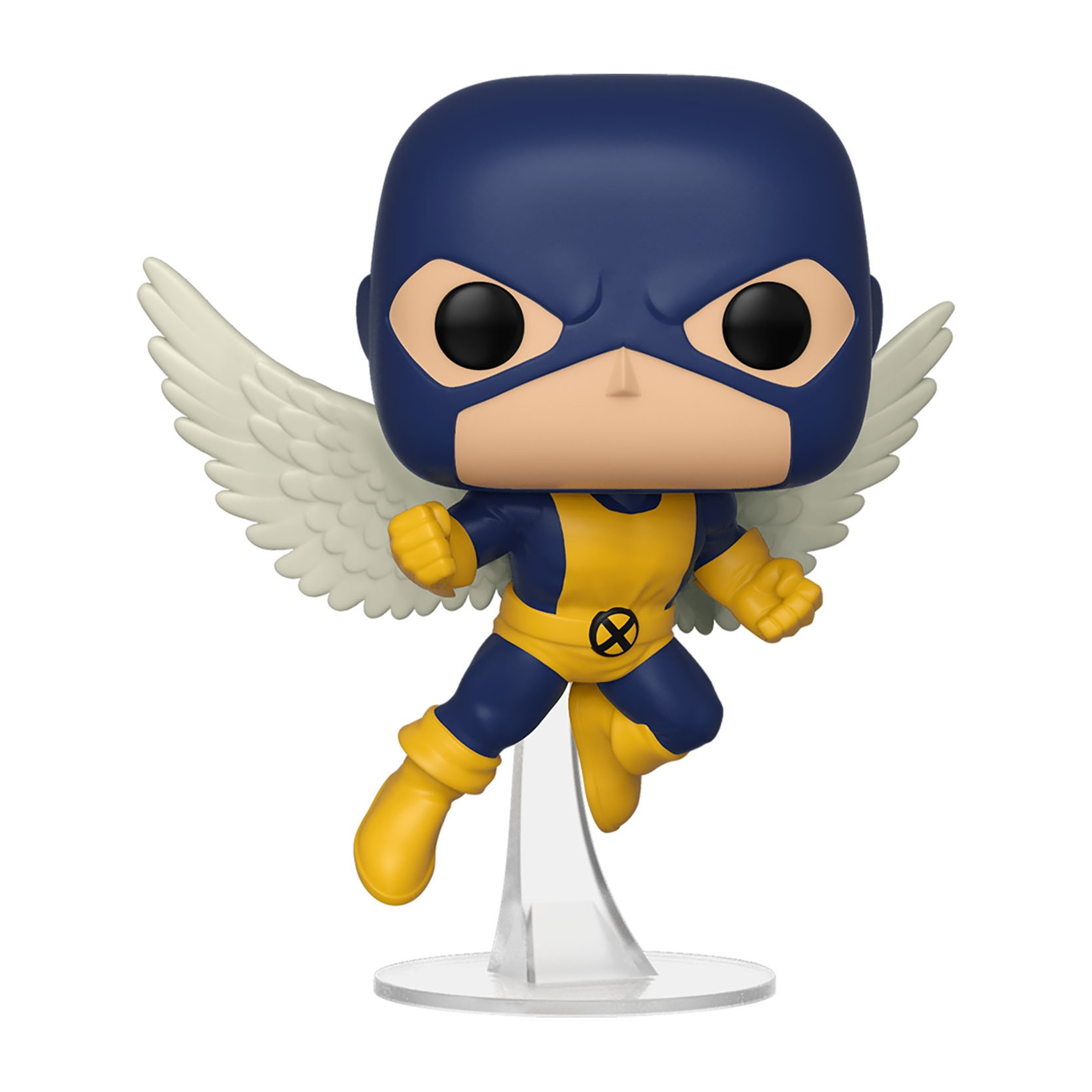 Figura Funko Pop di Angel, da X-Men, in costume blu e giallo con ali e supporto.