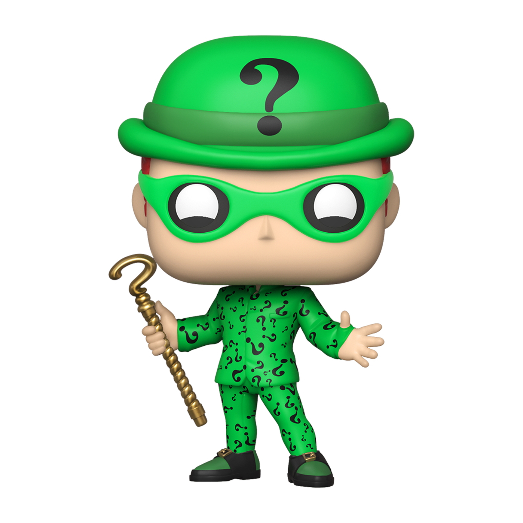 Una figura Funko Pop dell'Enigmista in abito verde con un punto interrogativo sul cappello.