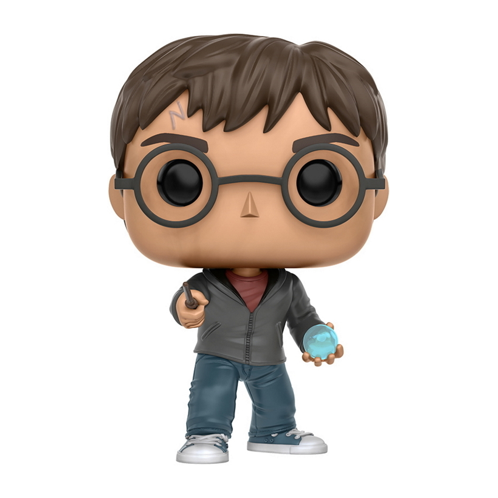 Figurka Funko Pop Harry'ego Pottera z różdżką i niebieską kulą kryształową, w szarej kurtce.