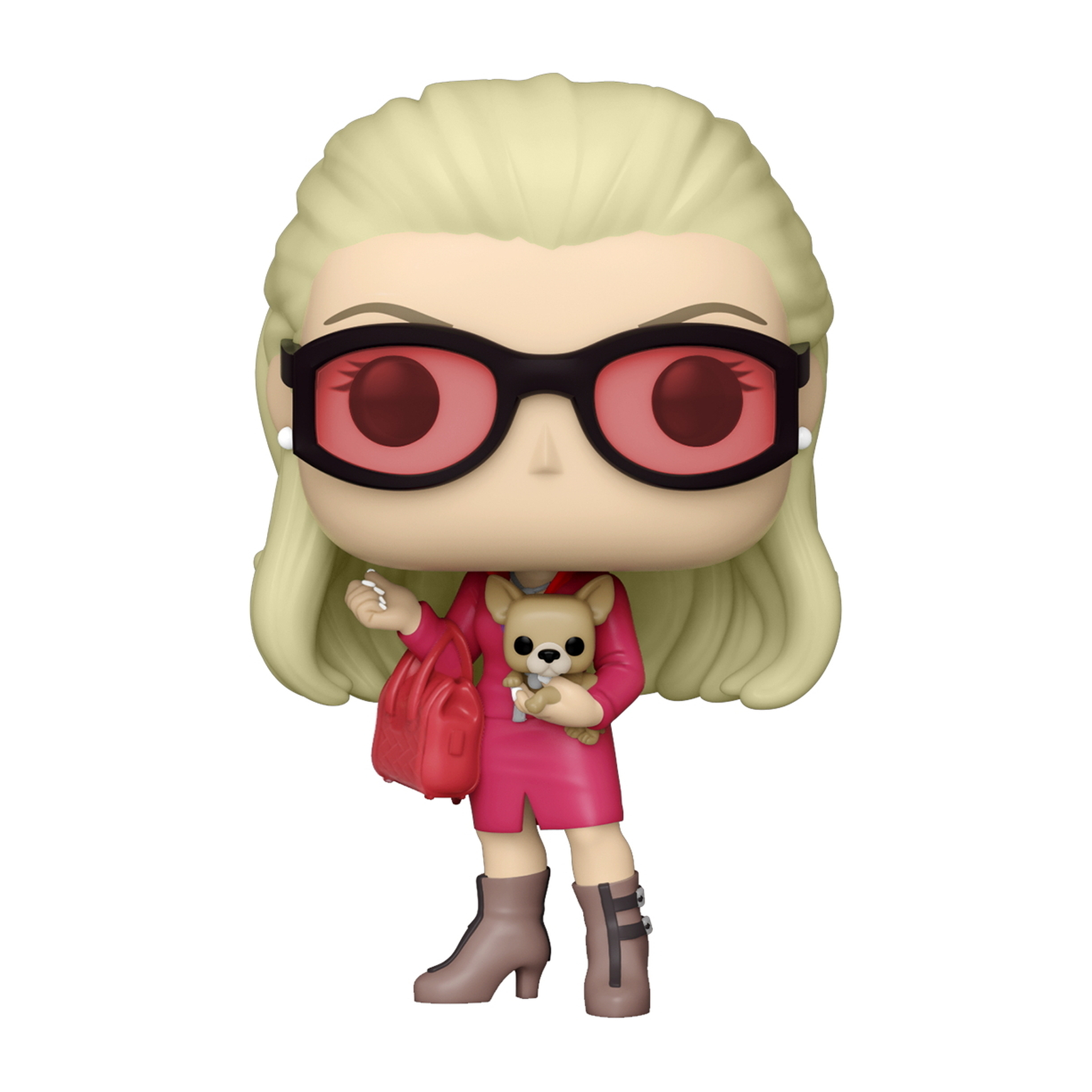 Funko Pop Figur einer Frau mit blonden Haaren, schwarzer Brille, rotem Outfit, Hund haltend.