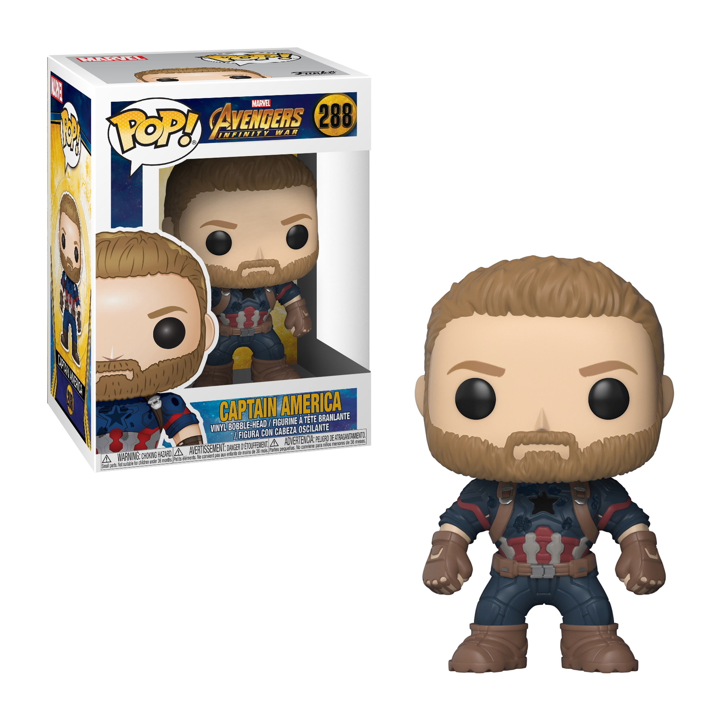 Figurka Funko Pop Kapitan Ameryka z pudełkiem. Ma strój i trzyma tarczę.