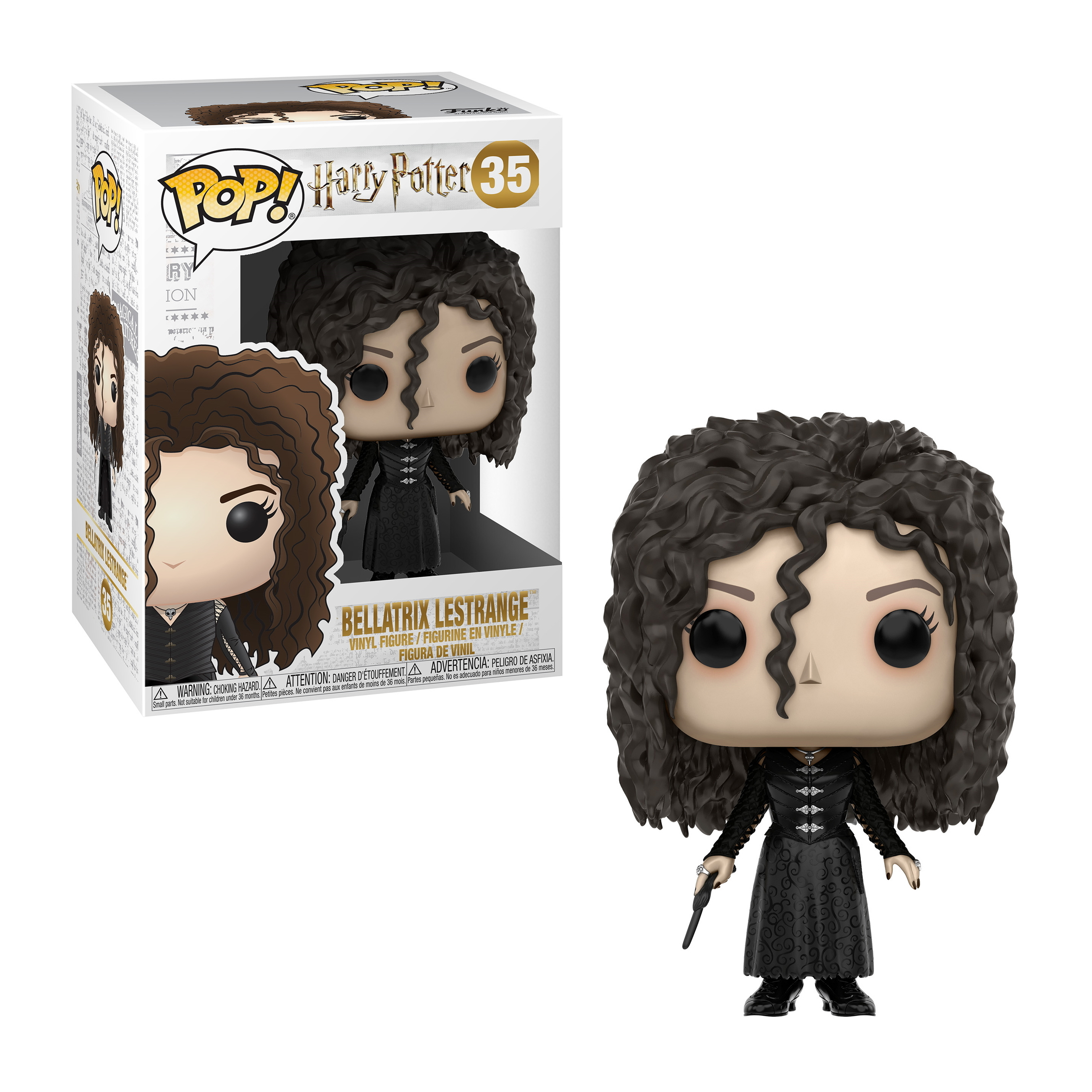 Figurka Funko Pop Bellatrix Lestrange z pudełkiem. Nosi czarną sukienkę i trzyma różdżkę.